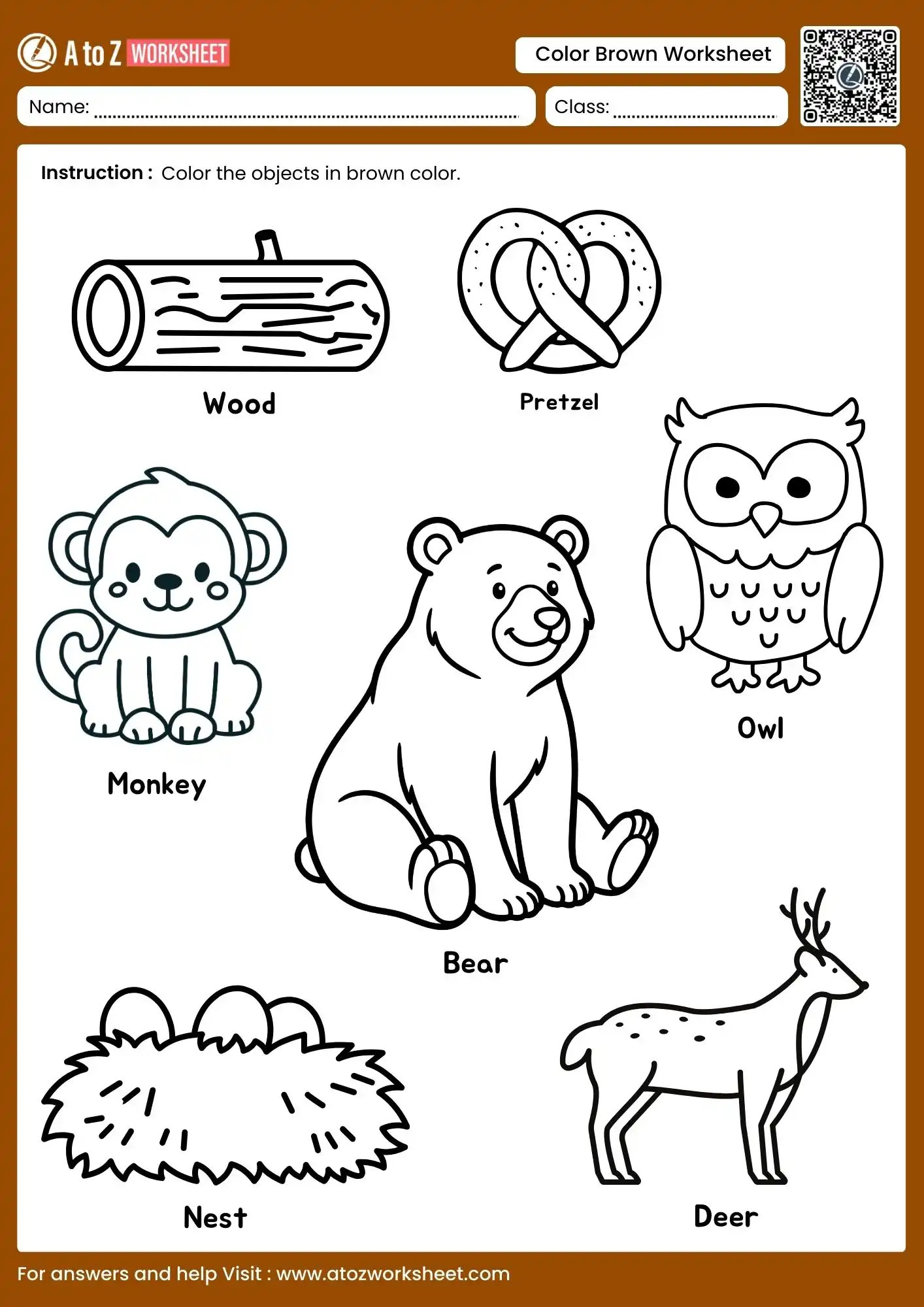labeled brown nature and animal objects coloring worksheet for preschool