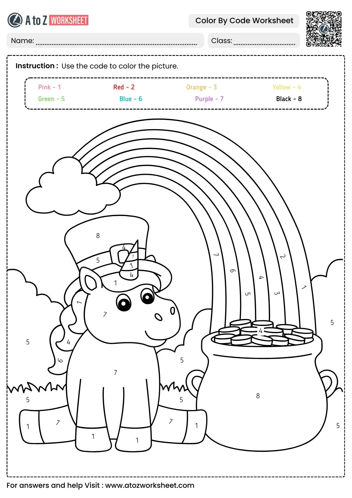 unicorn and rainbow color by code math worksheets for kids