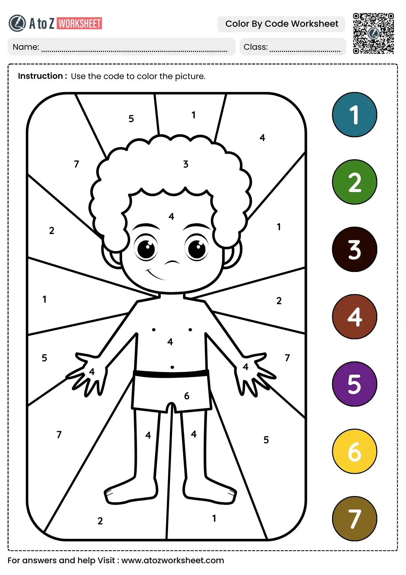 boy character number matching color by code math worksheets