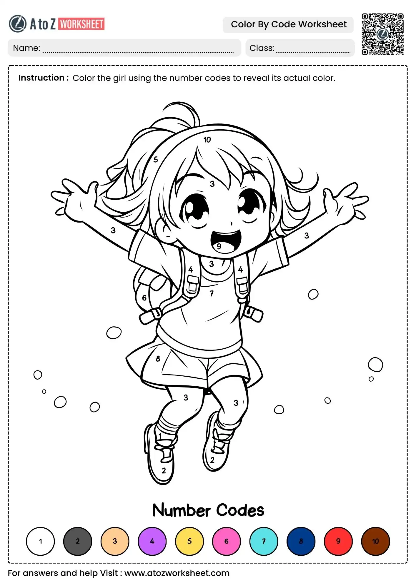 jumping girl school theme color by code math worksheets