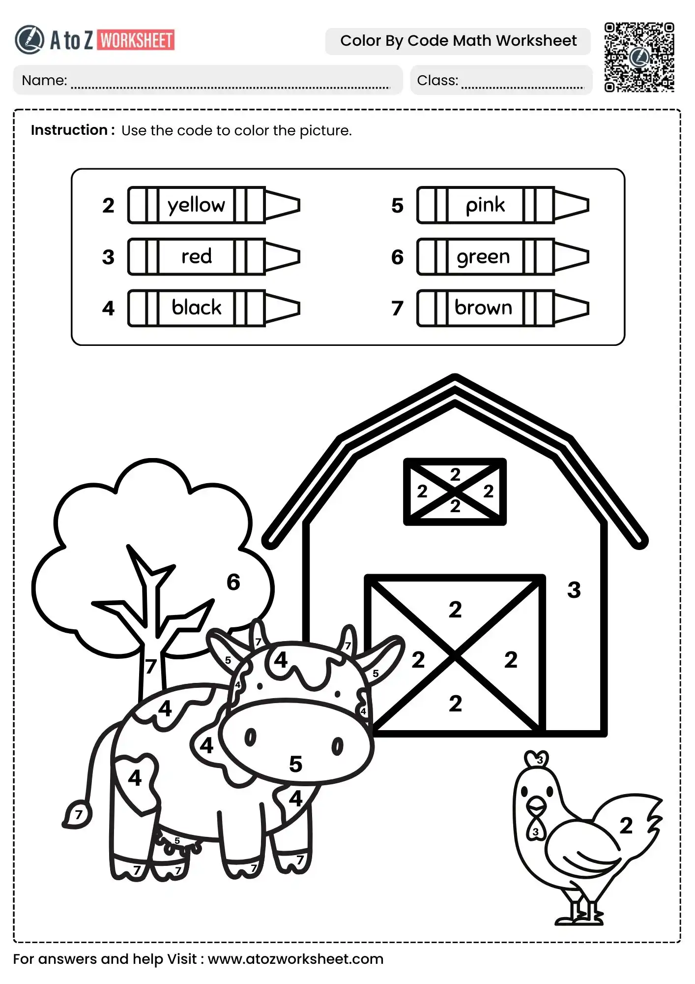 farm scene with cow and barn color by code worksheets