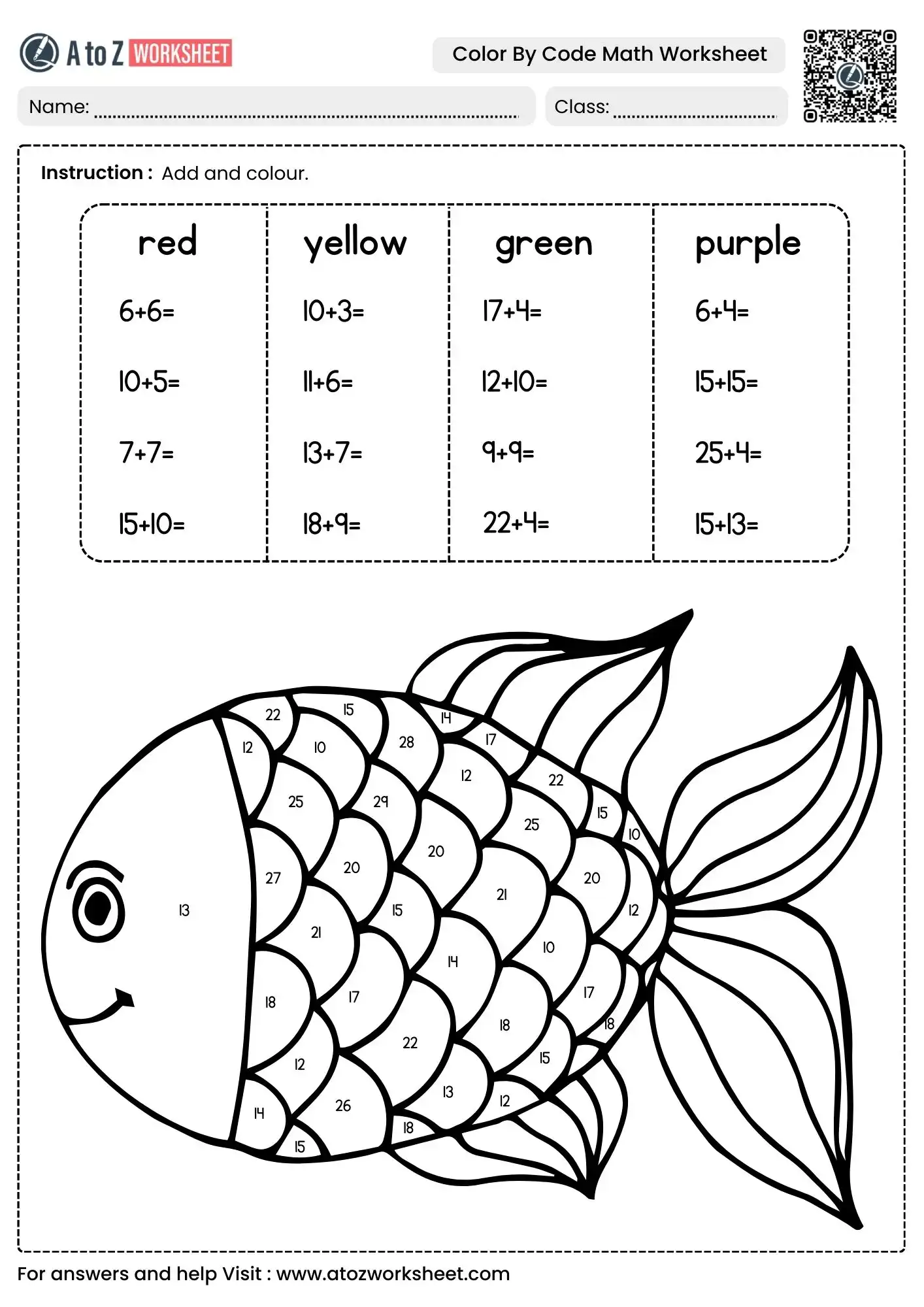 colorful fish addition challenge color by code worksheets