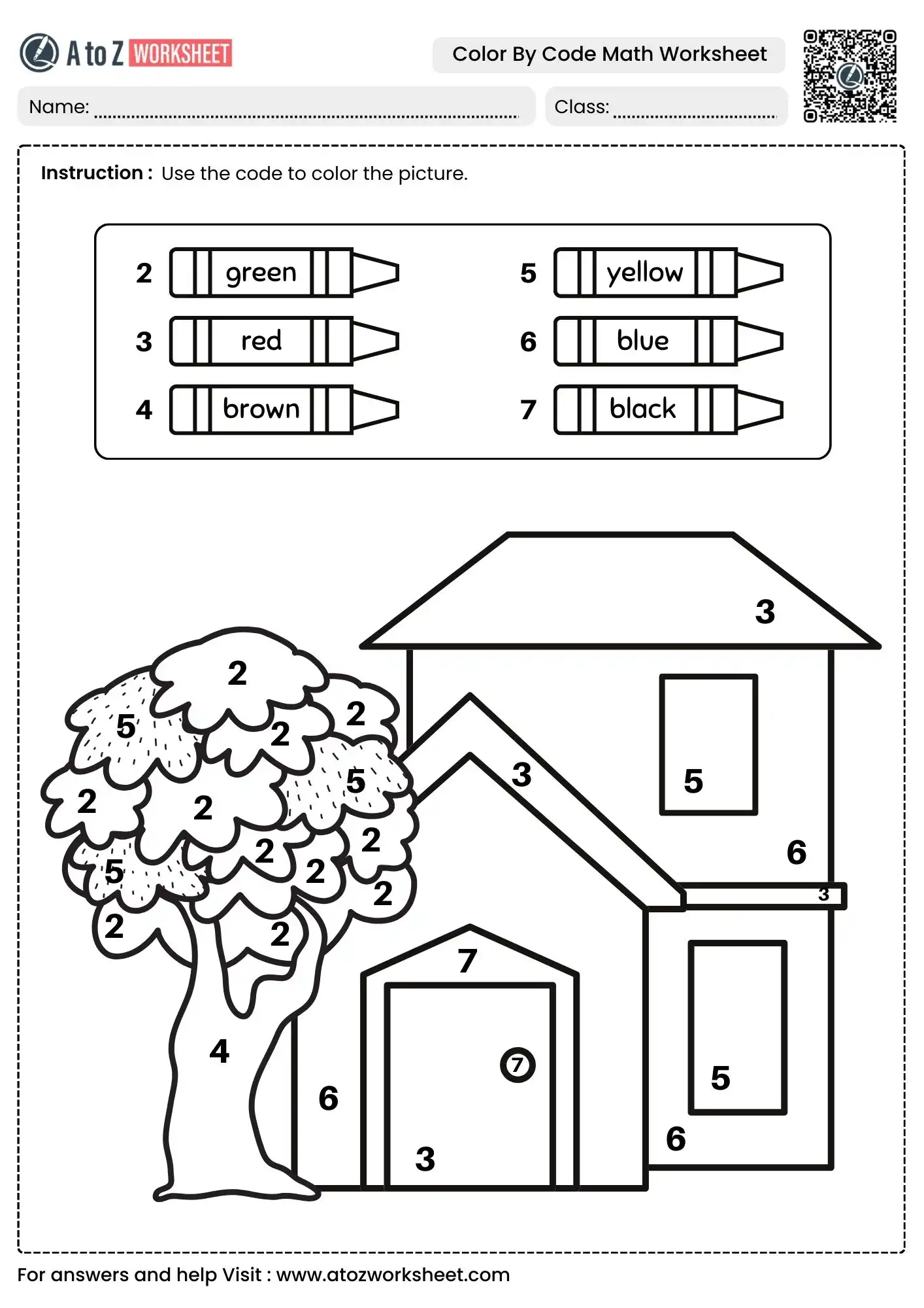 house and tree scene color by code worksheets
