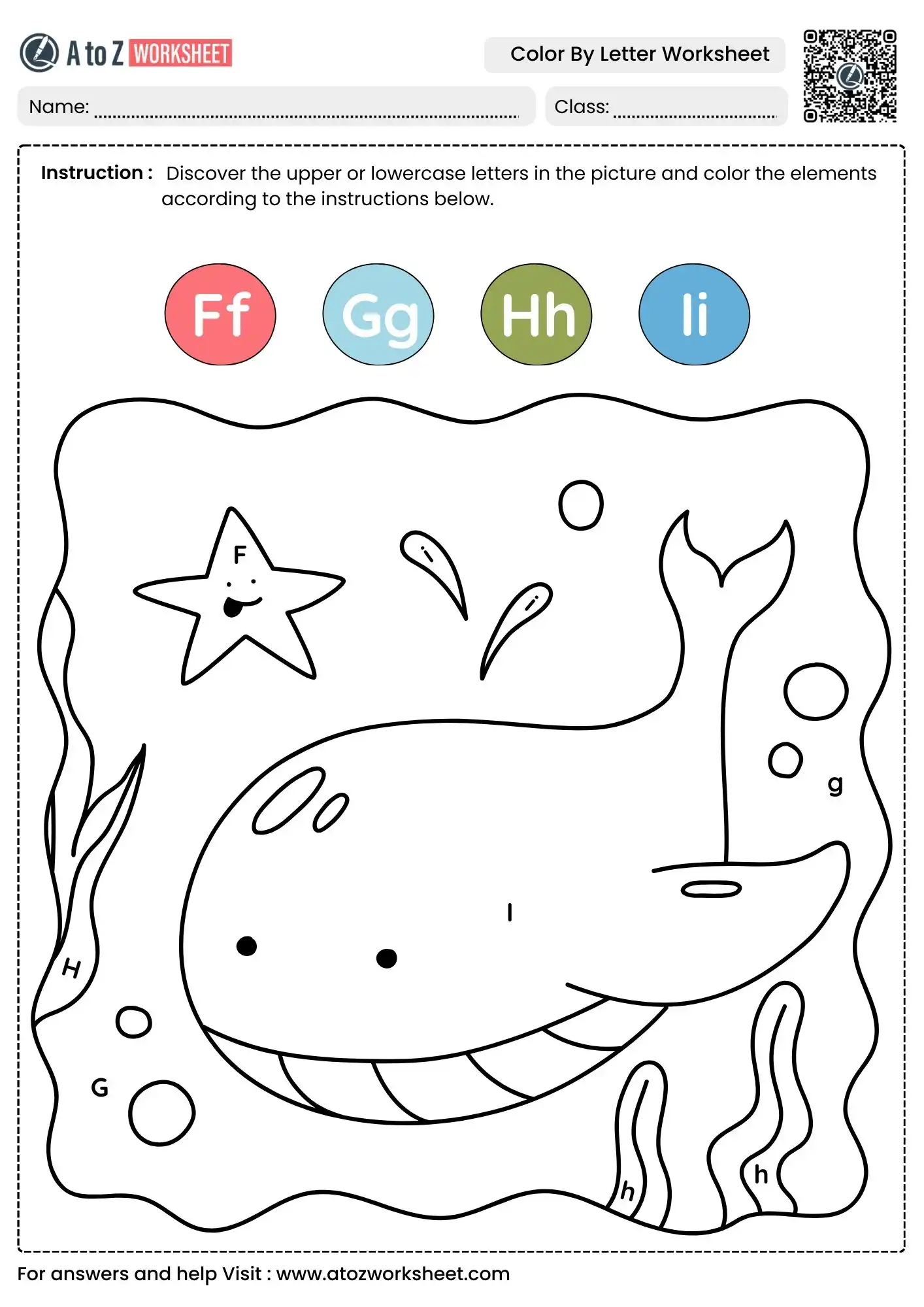aquatic themed color by letter worksheets for kindergarten