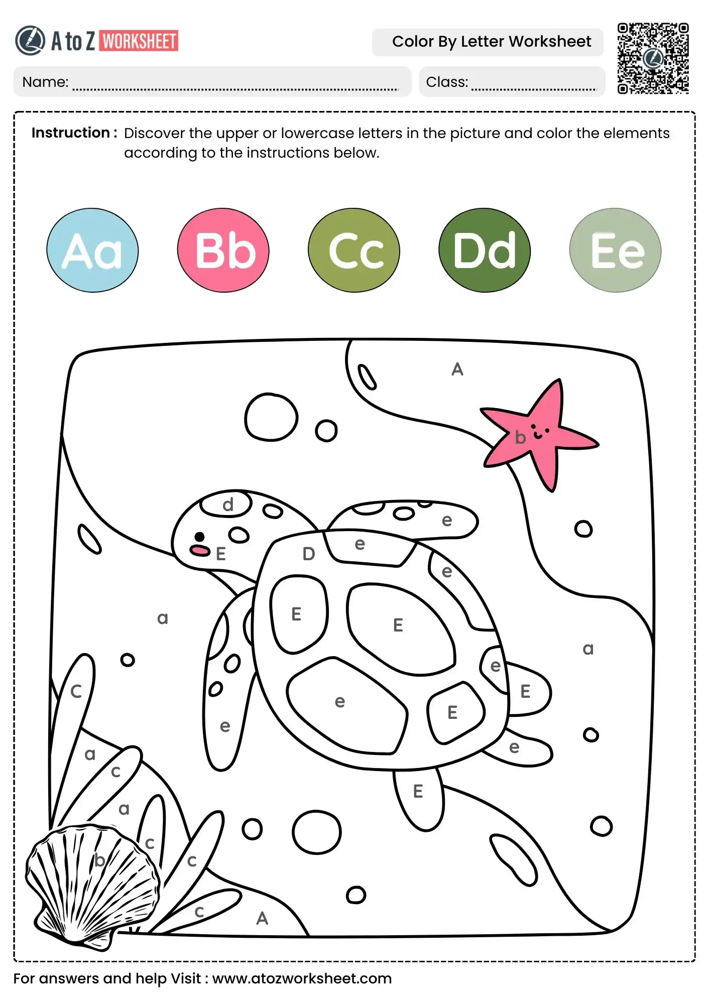 sea turtle and shell color by letter worksheets for preschool