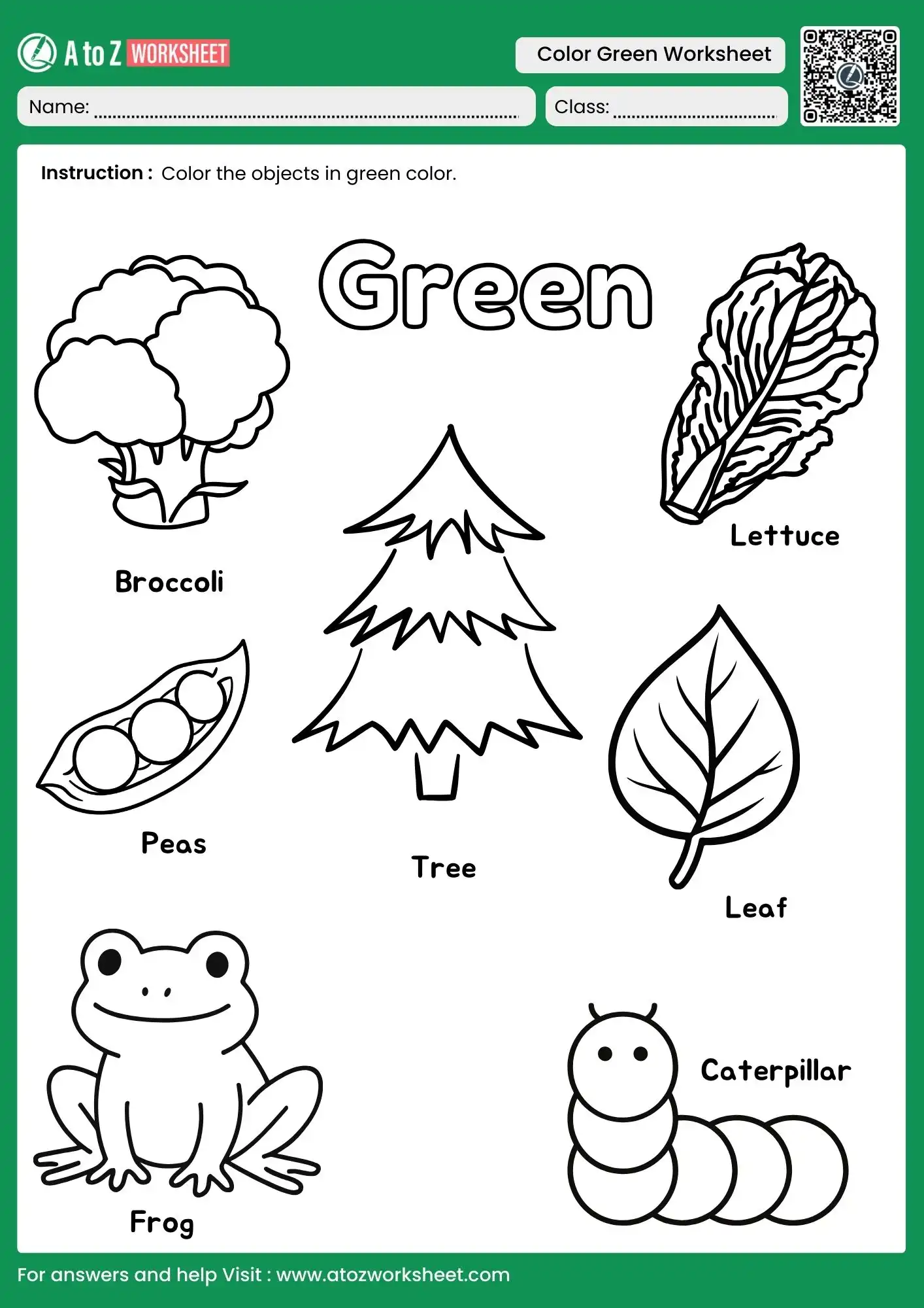 assorted green objects coloring worksheet for kindergarten