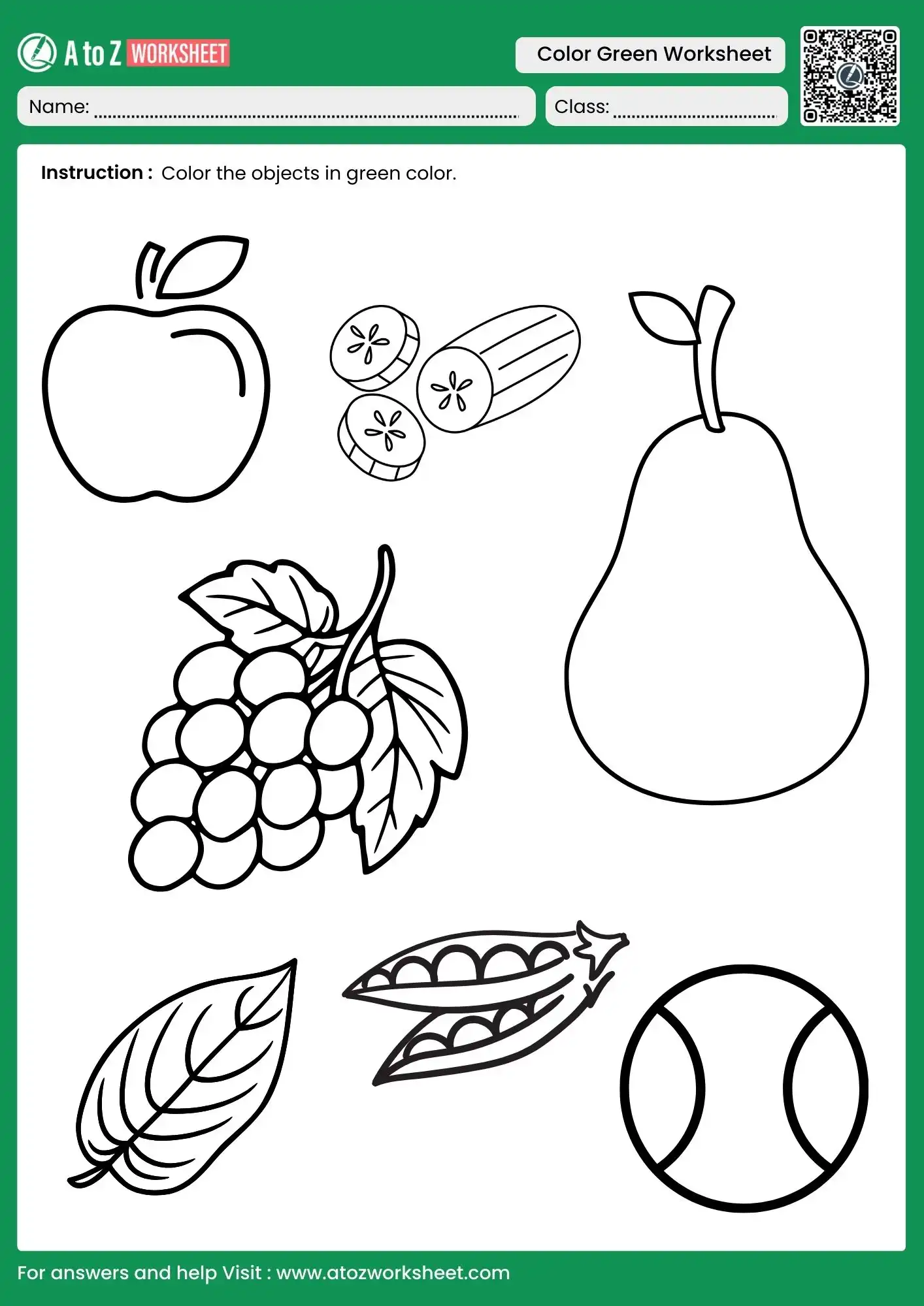 green nature and fruit objects coloring worksheet for preschool
