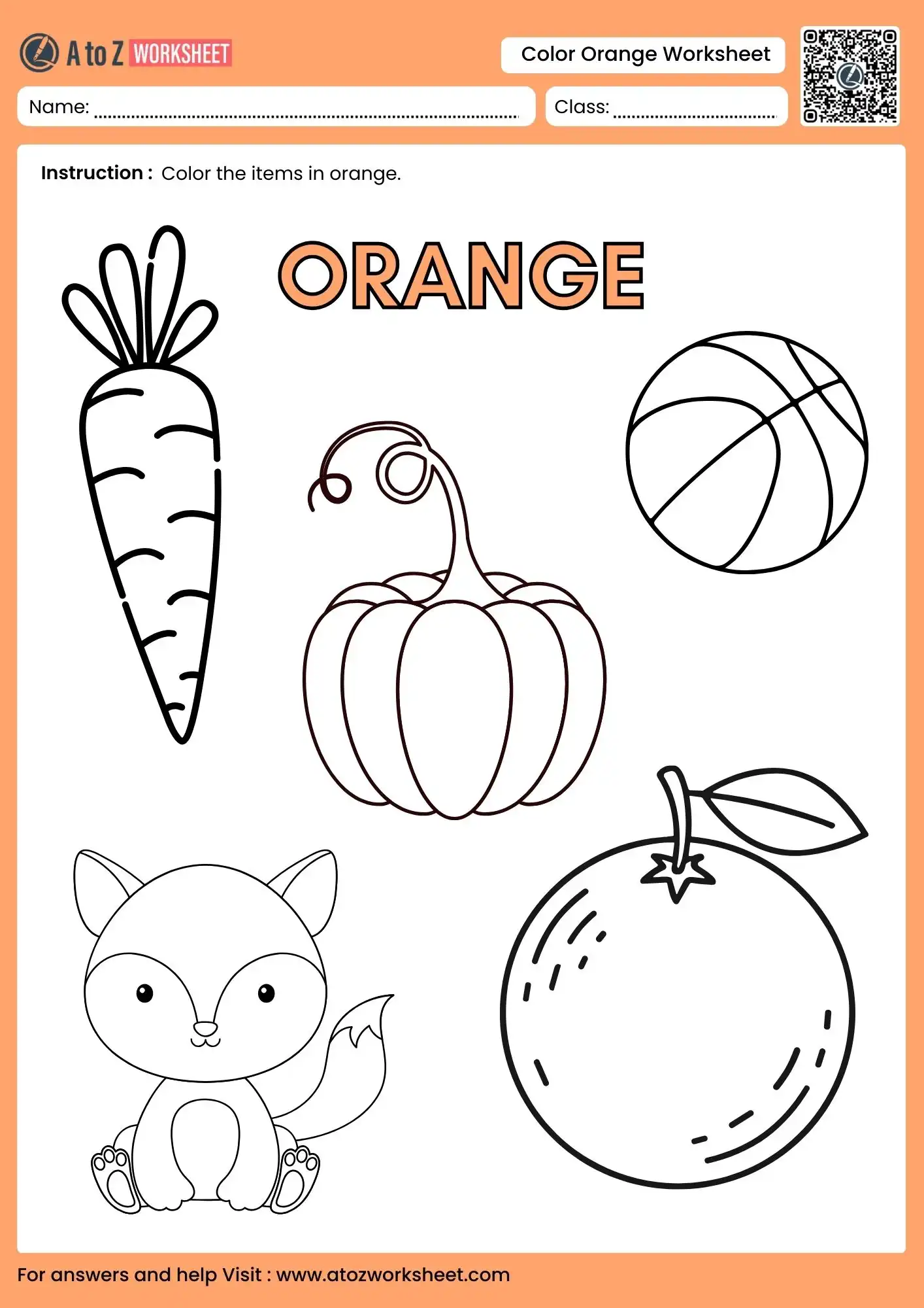 assorted orange objects coloring worksheet for kindergarten