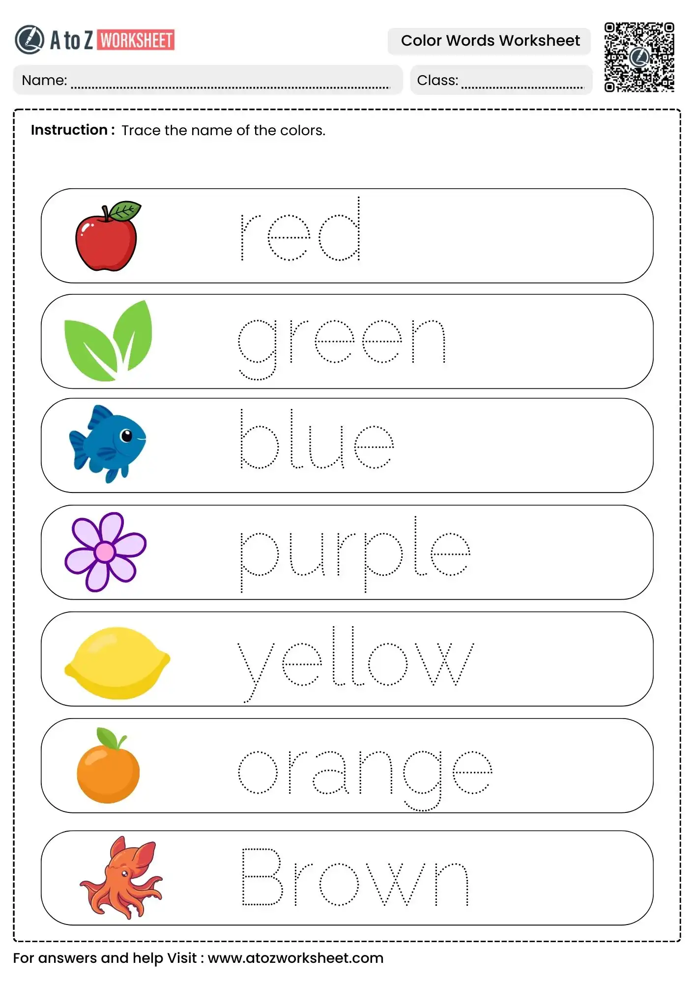 tracing color words worksheets with fruit and fish illustrations