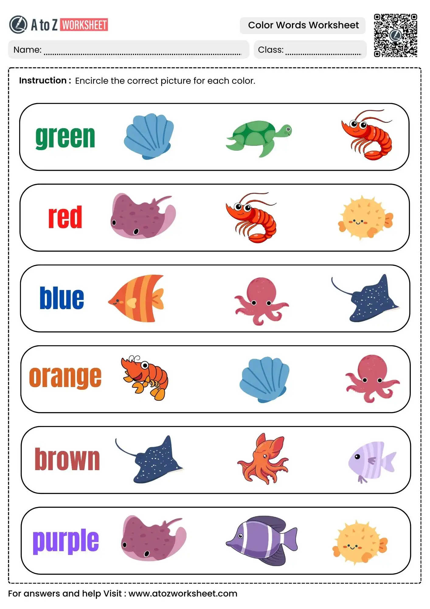 sea life identification in color words worksheets