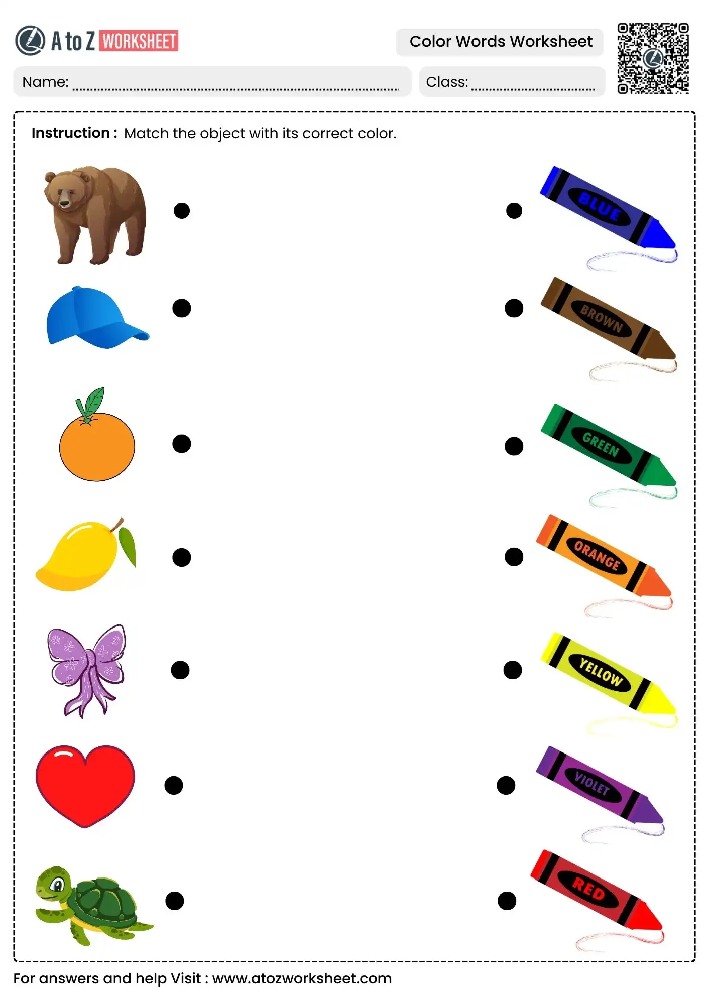 object and crayon matching exercise in color words worksheets