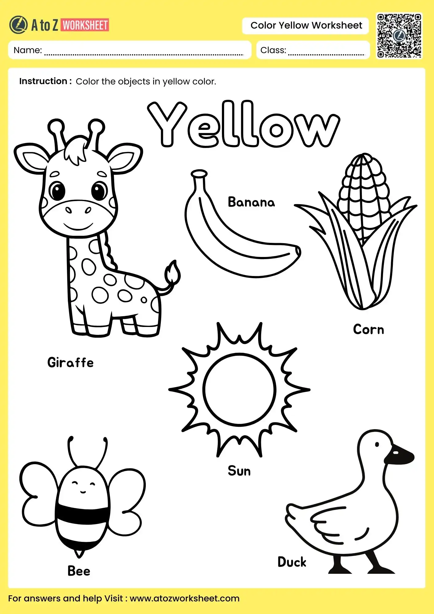 animals and nature color yellow worksheets for preschool