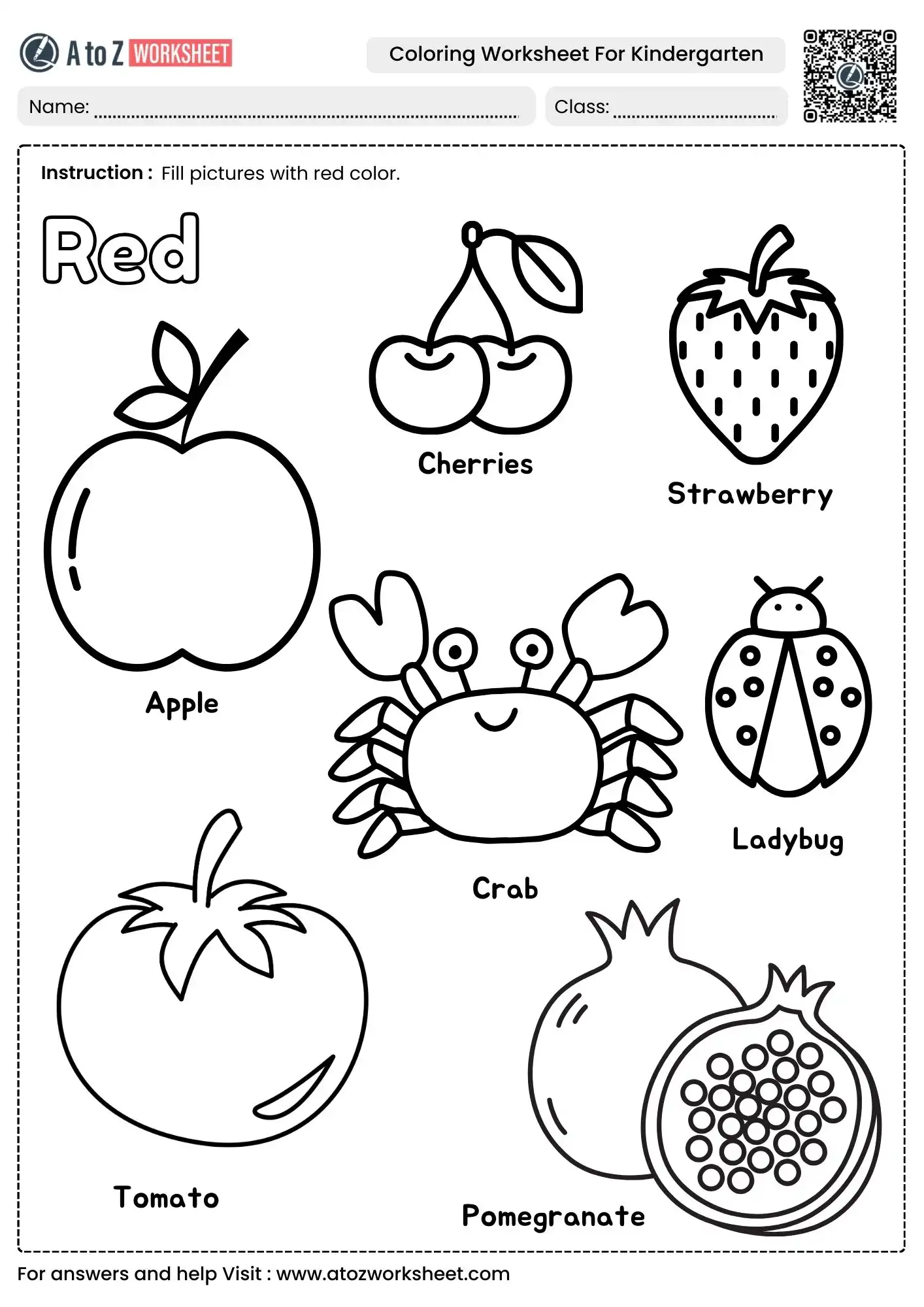 red color identification coloring worksheet for kindergarten