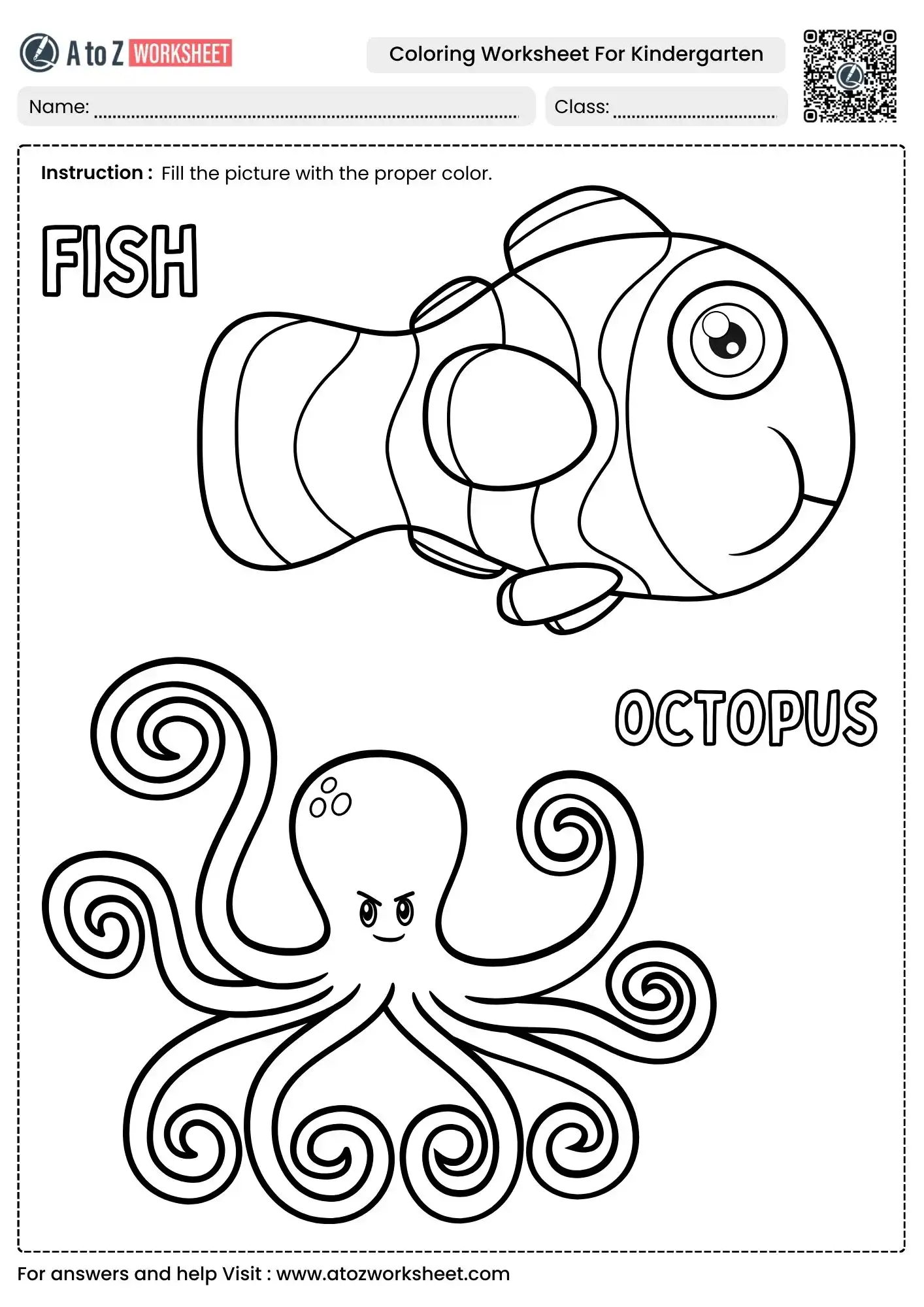 fish and octopus aquatic coloring worksheet for kindergarten
