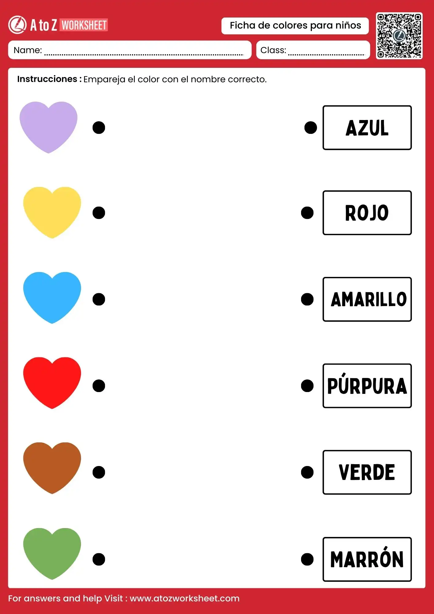 heart shaped matching tasks in colors in spanish worksheets