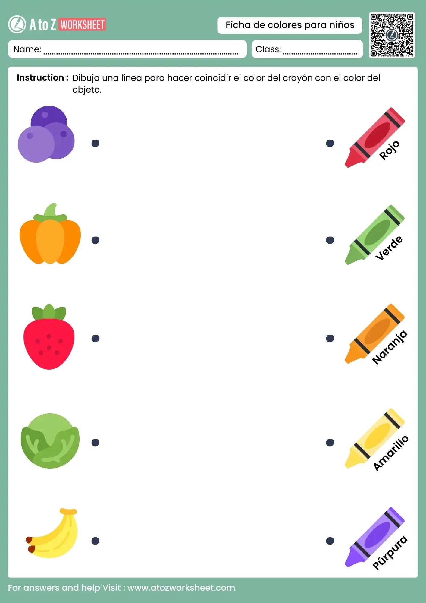 fruit and crayon pairing in colors in spanish worksheets