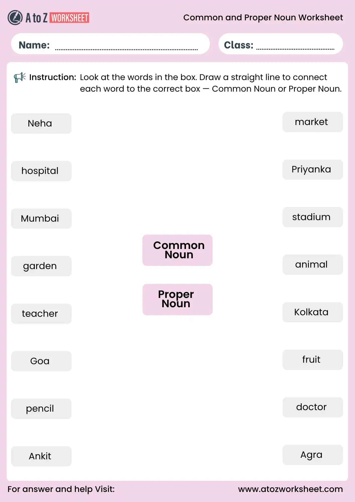 common and proper nouns worksheets matching activity for class 2 students