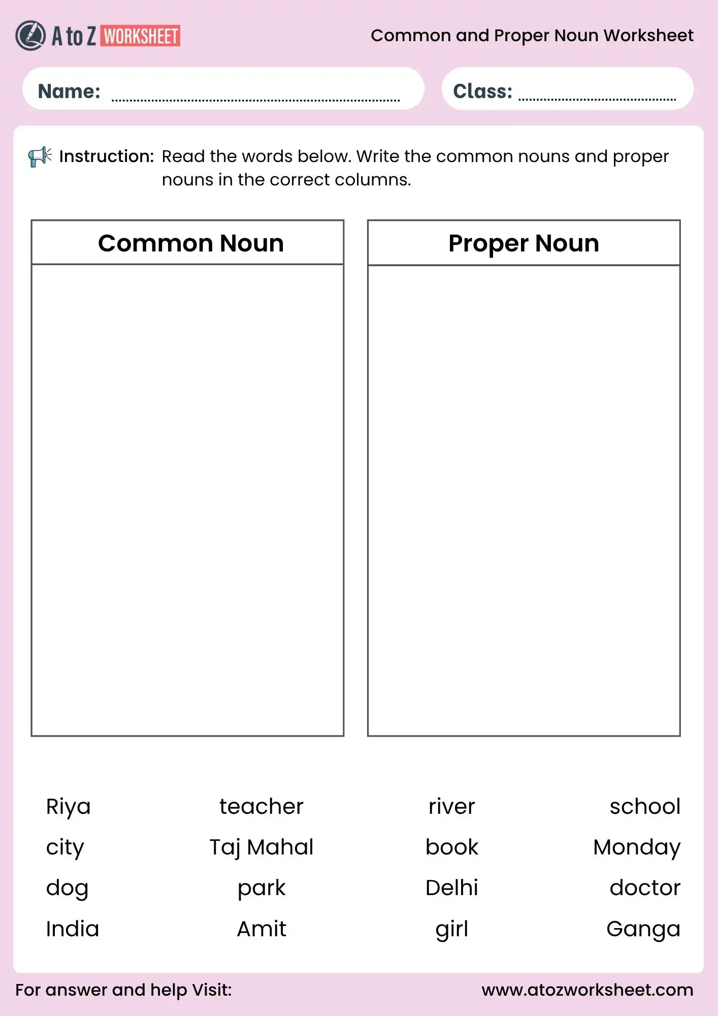 common and proper nouns worksheets sorting words into columns grammar activity