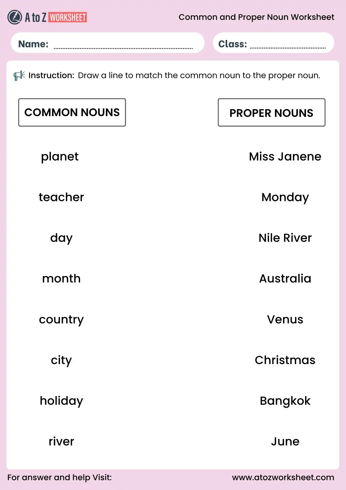common and proper nouns worksheets matching pairs for grade 1 and 2