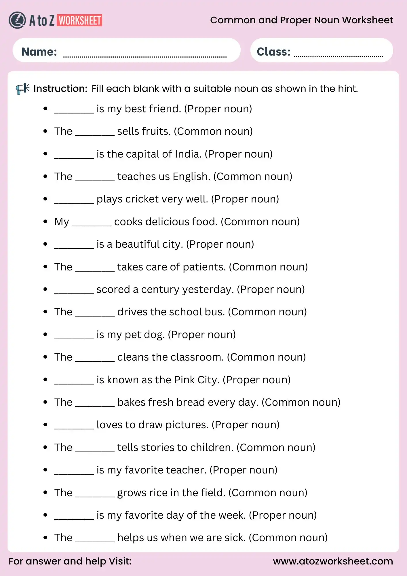 common and proper nouns worksheets fill in the blanks exercise with hints