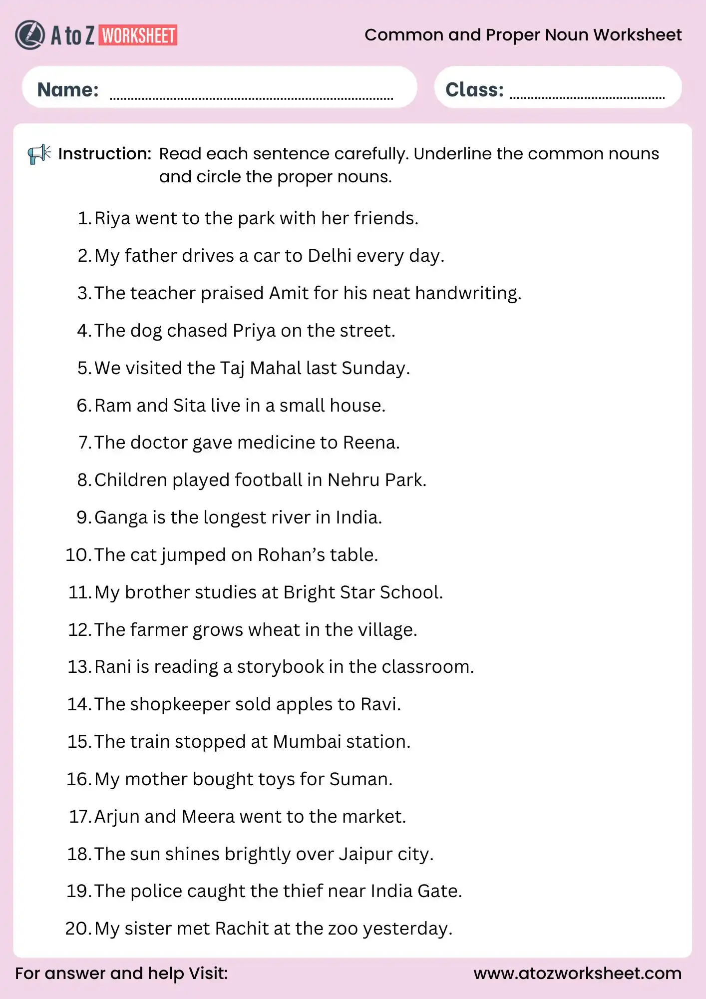 common and proper nouns worksheets underline and circle activity for kids