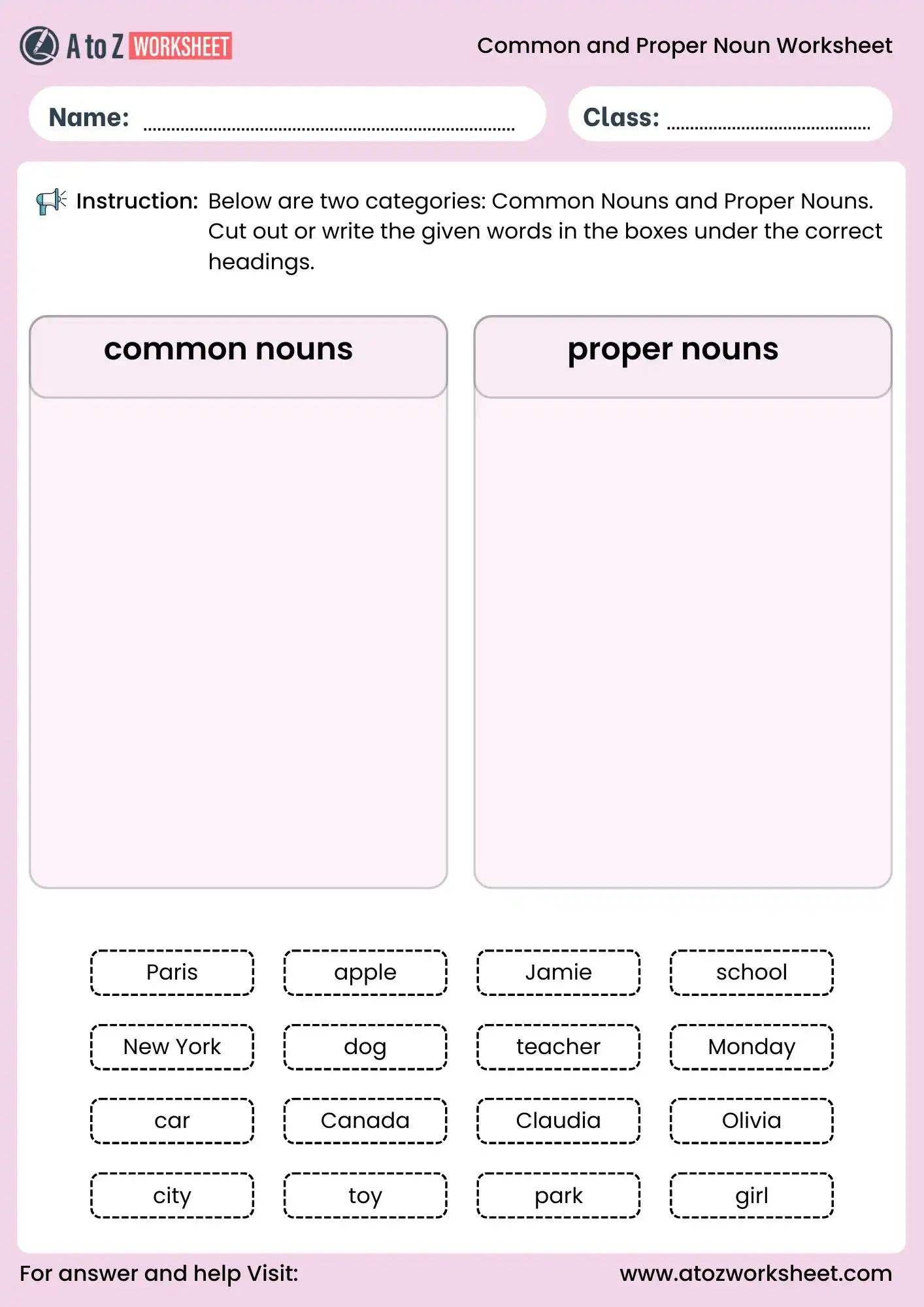 common and proper nouns worksheets cut and paste sorting activity for beginners