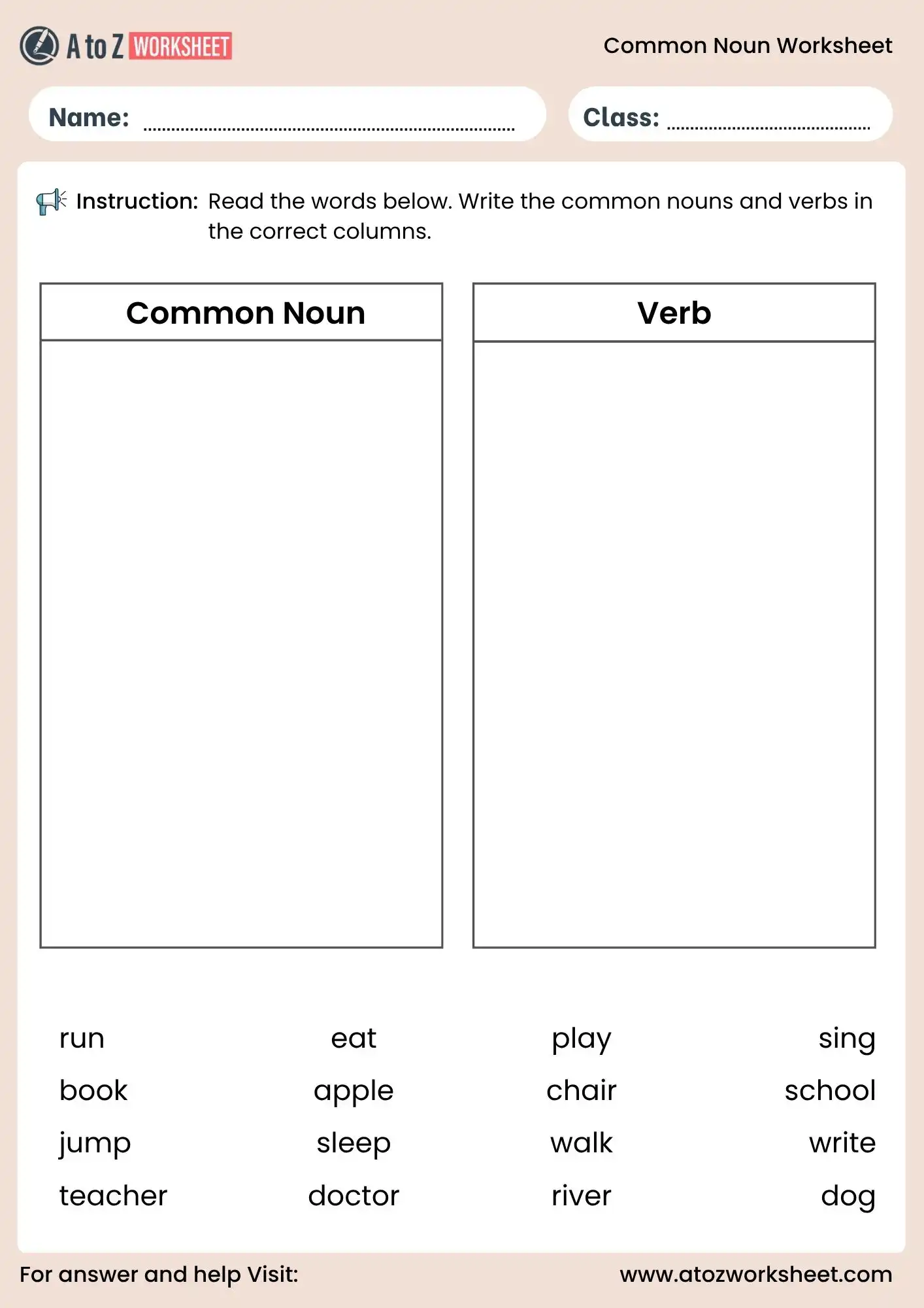 common nouns worksheets sorting activity for grade 2 to 4 students