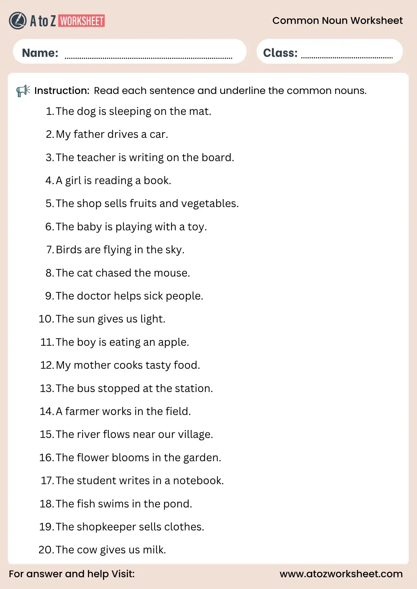 common nouns worksheets underline activity for grade 2 grade 3 and grade 4