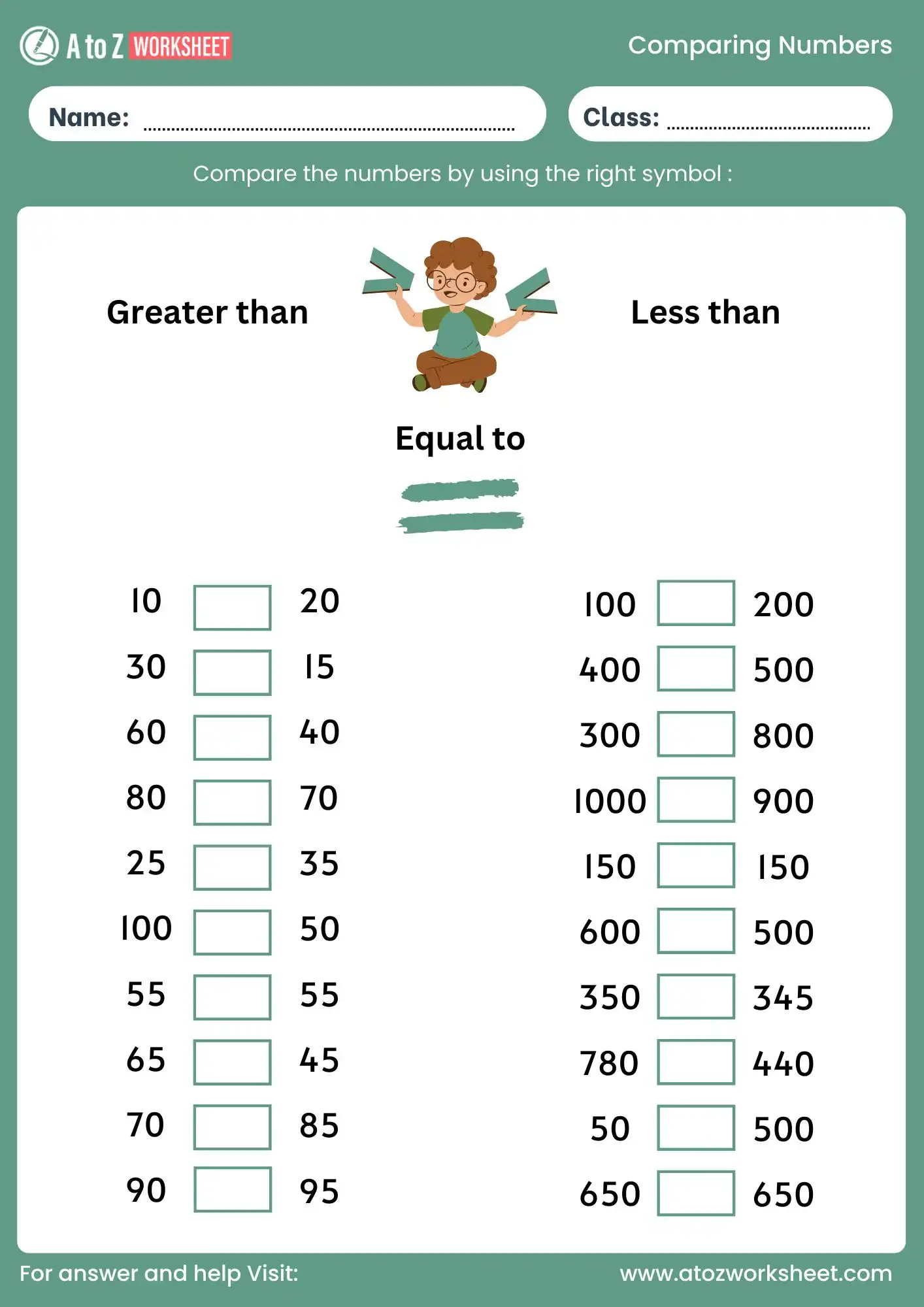 comparing numbers worksheet grade 3 and grade 4 with answers