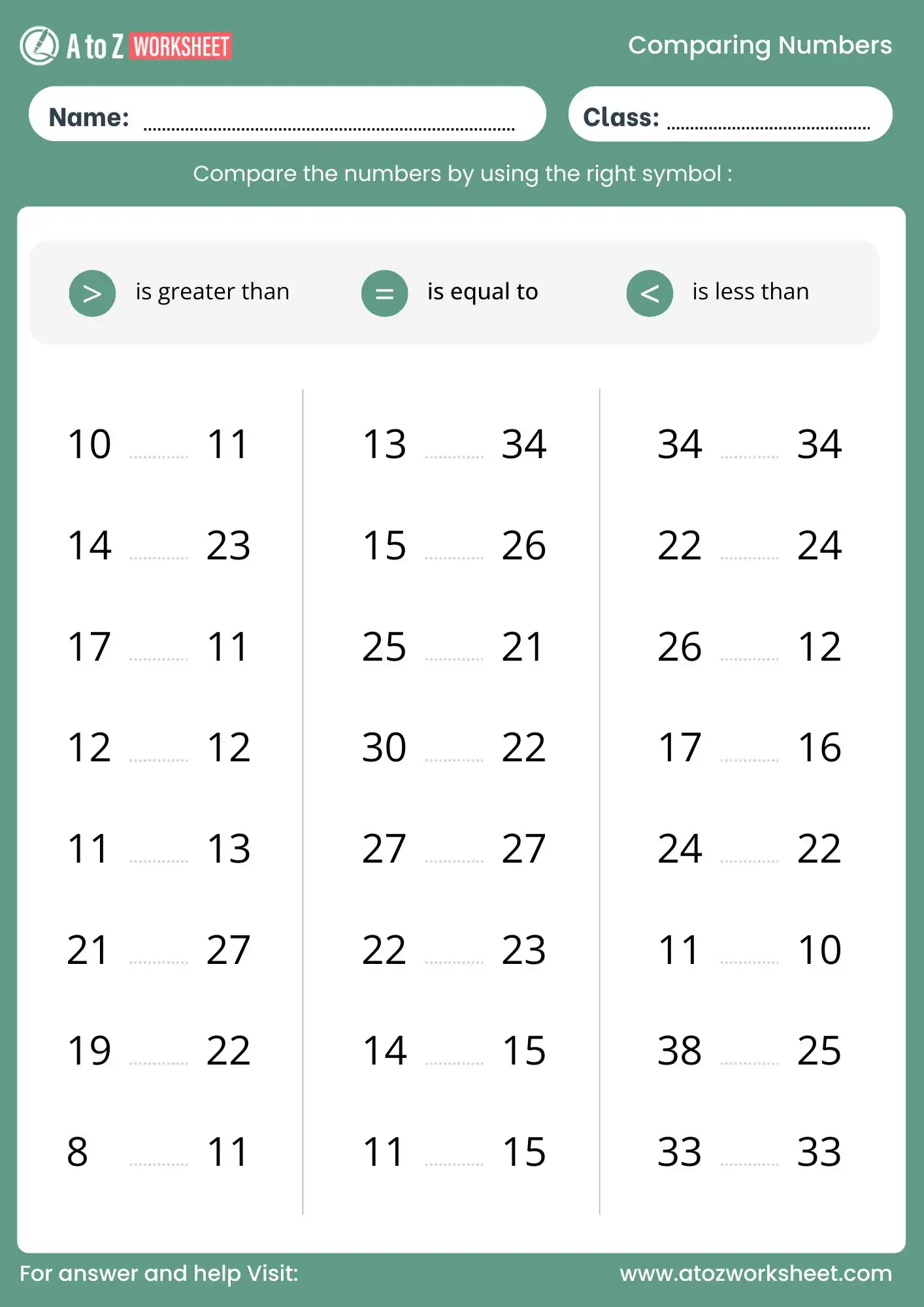 comparing numbers worksheet grade 2 with answers