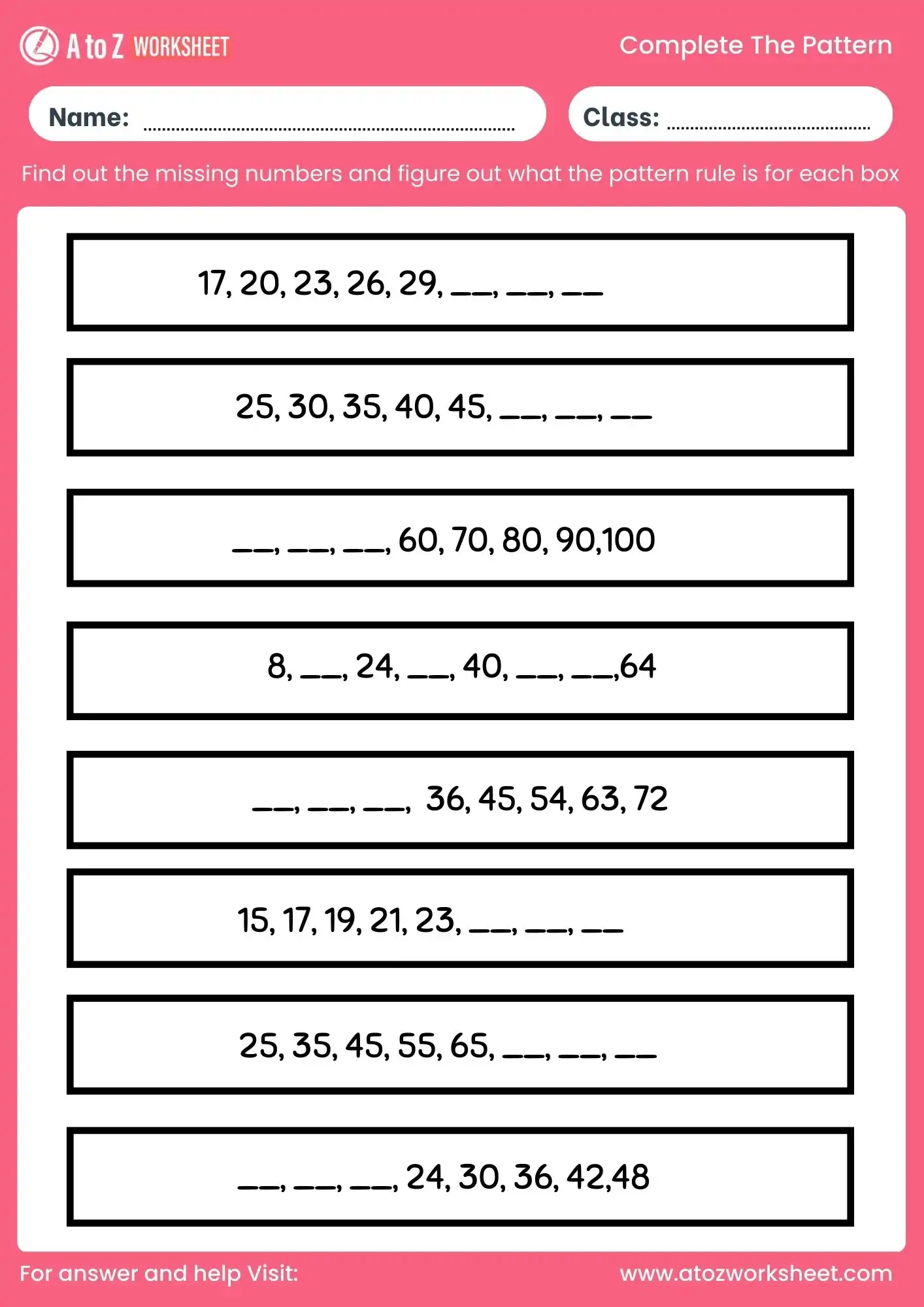 complete the pattern worksheet with numbers for class 2 to class 5