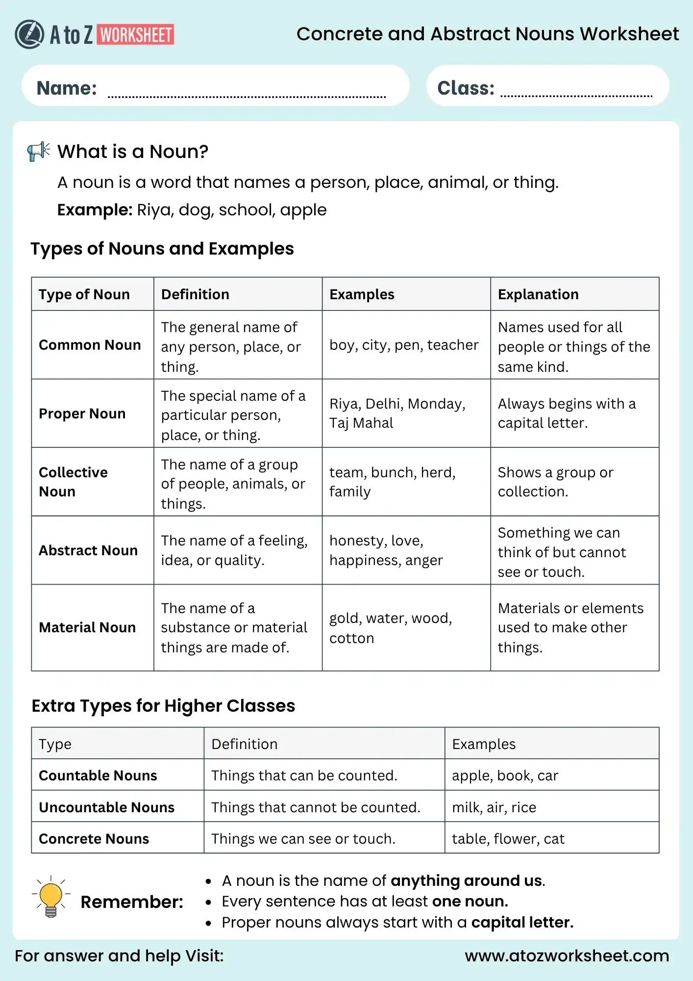 concrete and abstract nouns worksheets for grade 4 grammar chart
