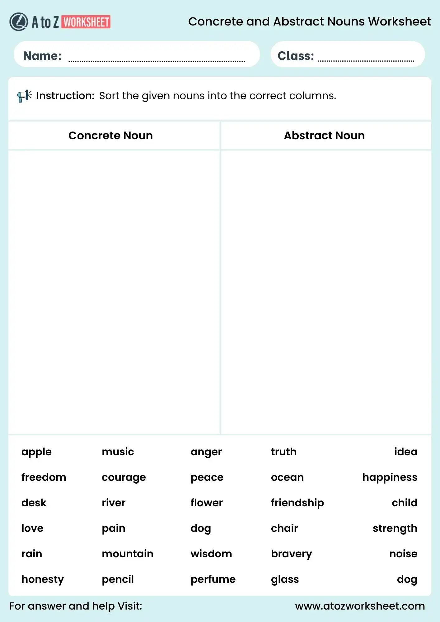 concrete and abstract nouns worksheets for grade 5 sorting activity