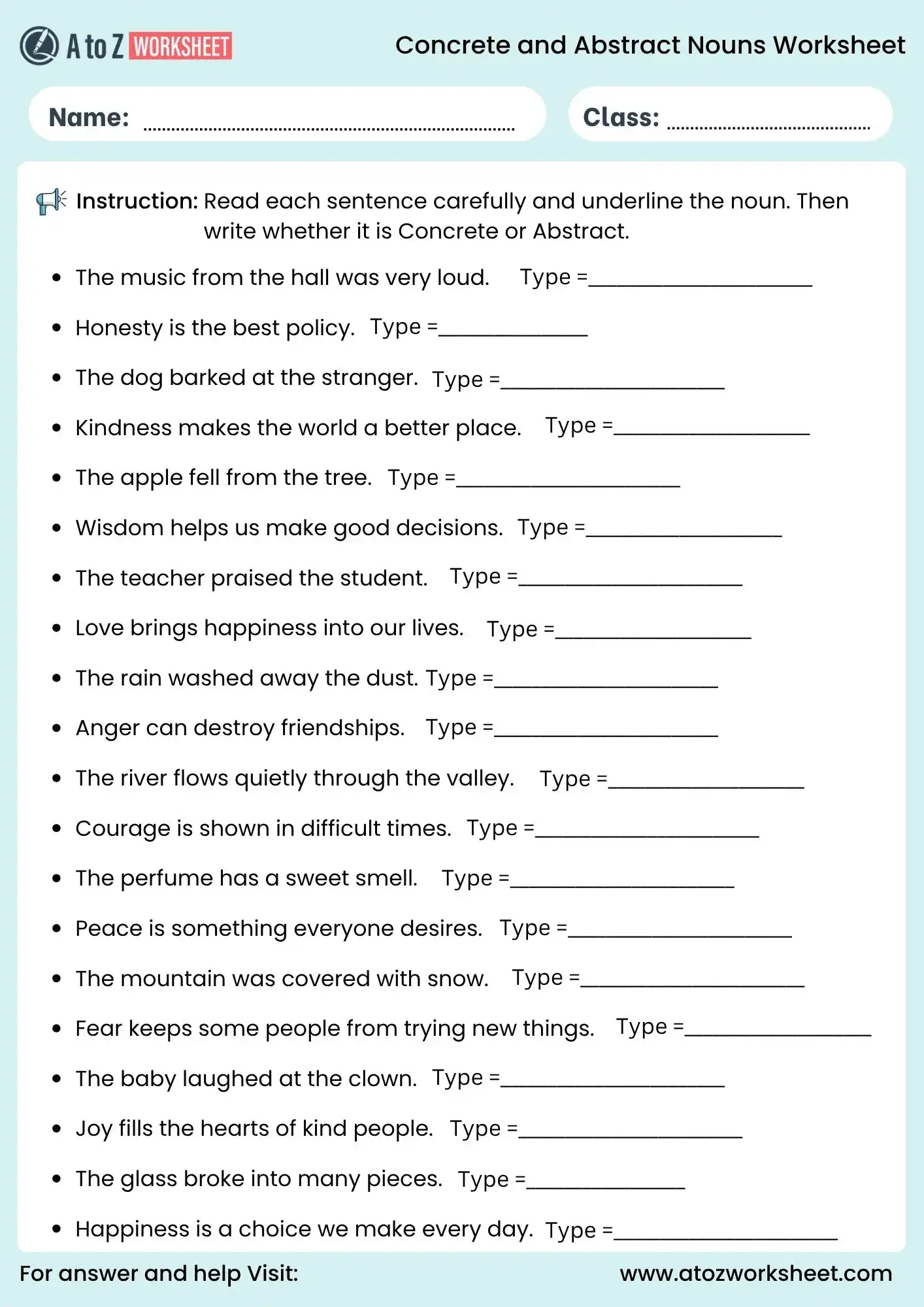 concrete and abstract nouns worksheets for grade 6 identification sentences