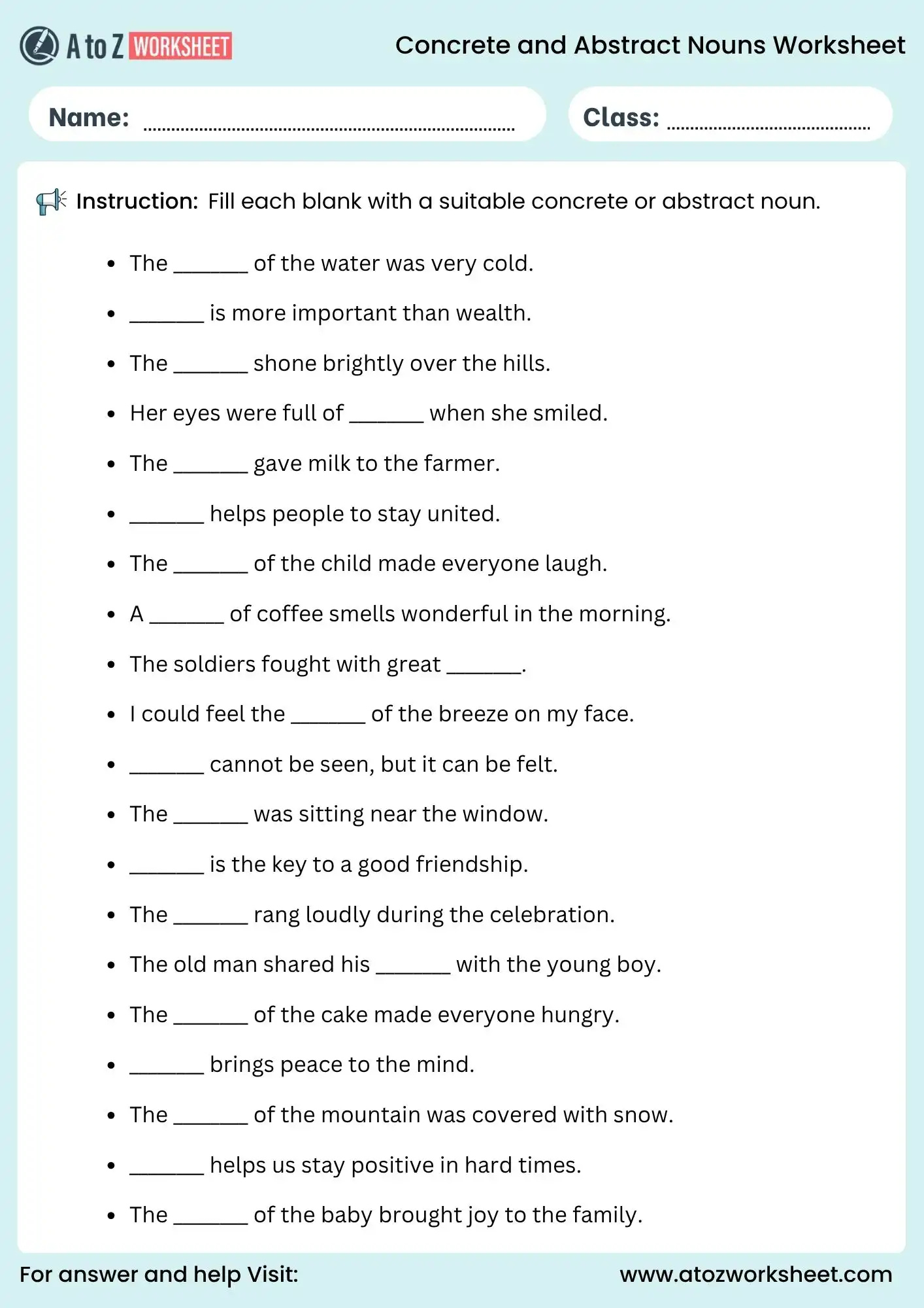 concrete and abstract nouns worksheets with fill in the blanks exercise