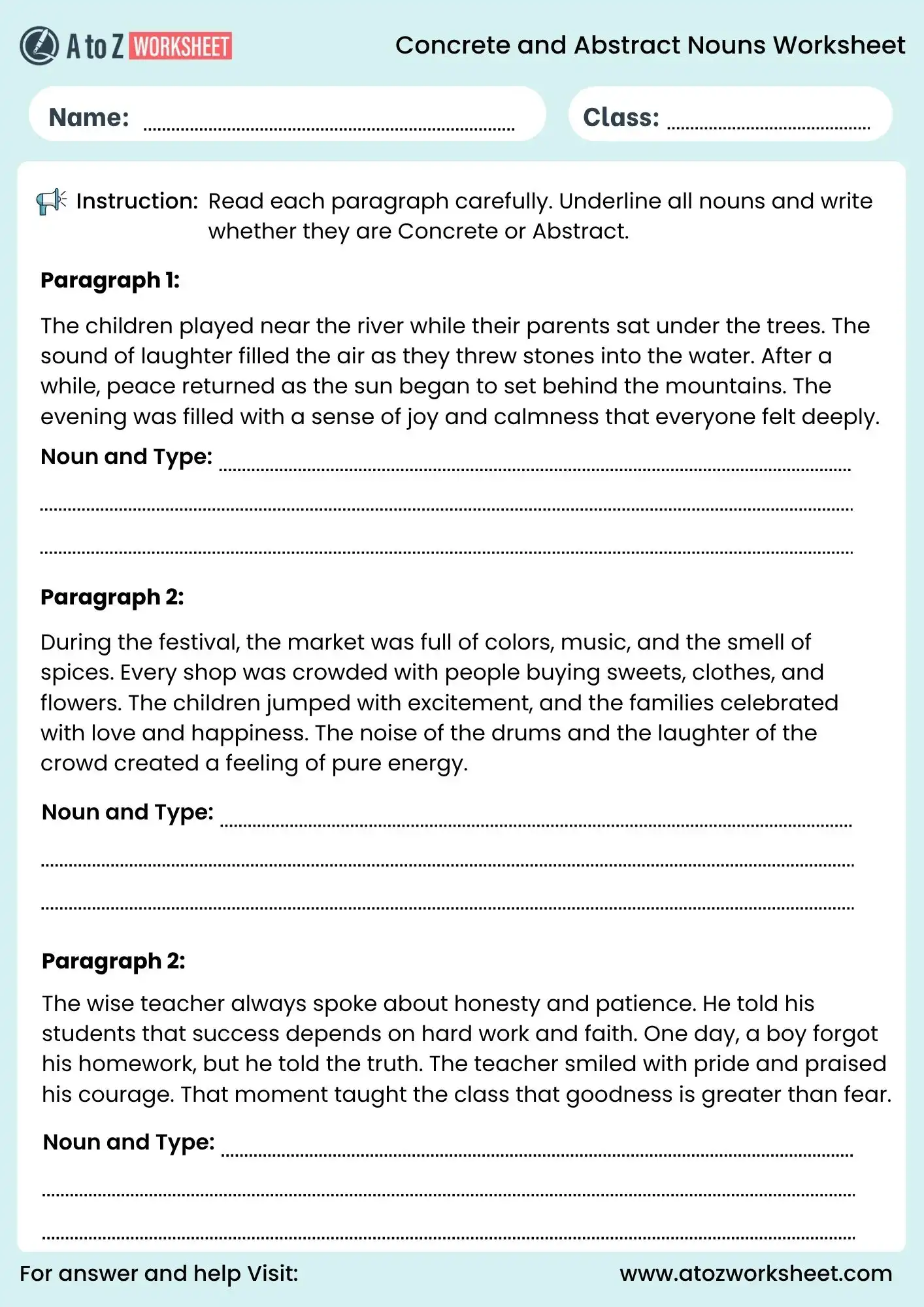 concrete and abstract nouns worksheets paragraph activity