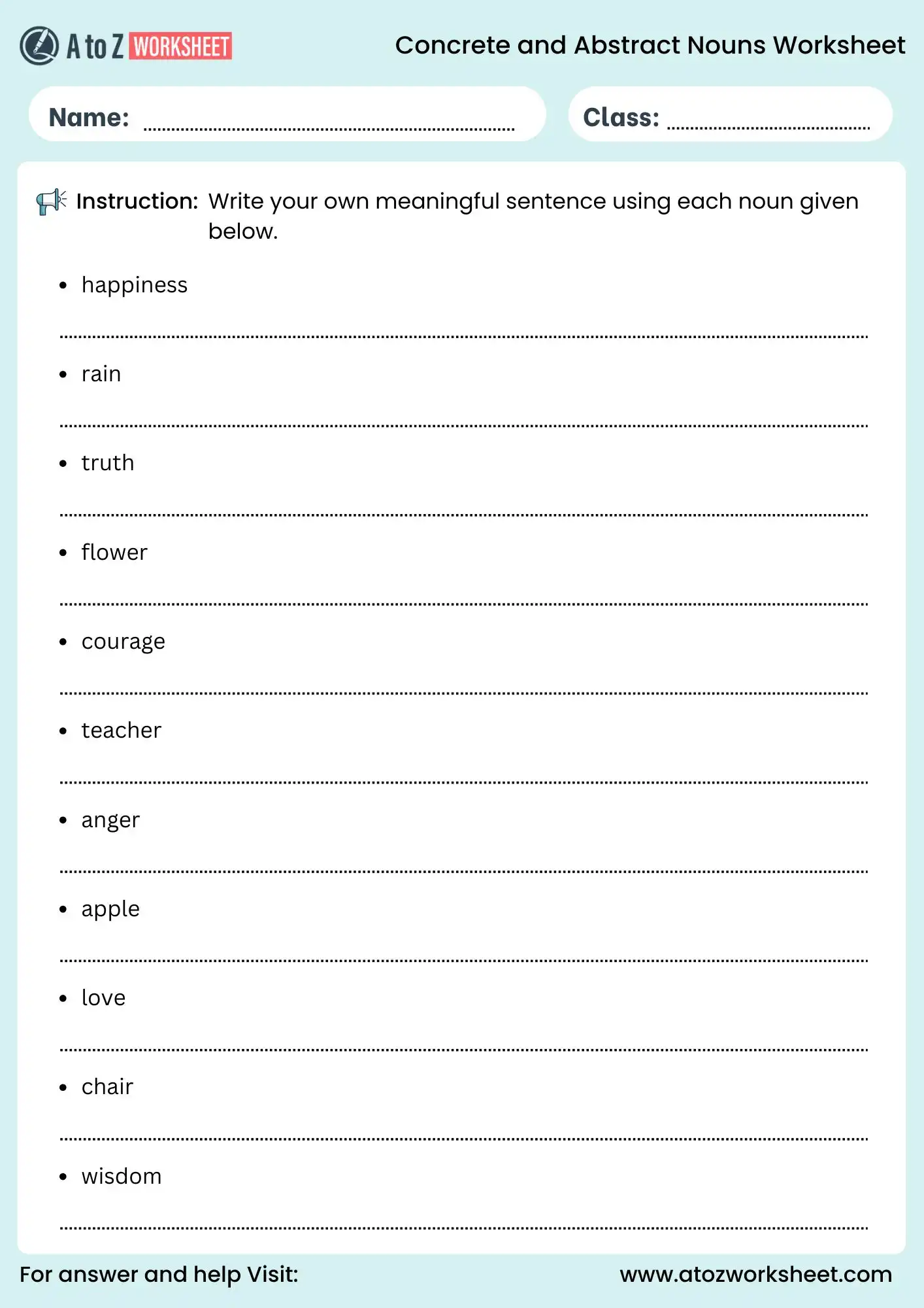 concrete and abstract nouns worksheets for class 4 to 6 sentence writing