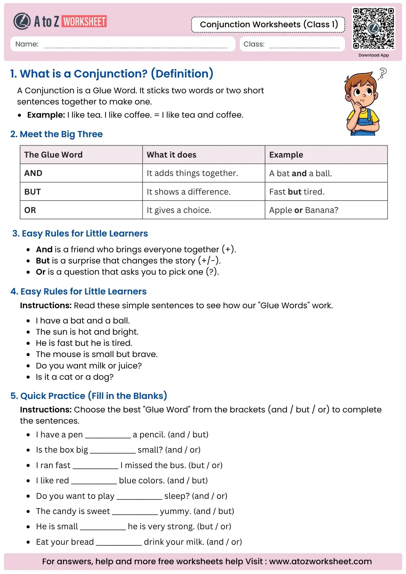 introduction to glue words and fanboys in conjunction worksheets for class 1.