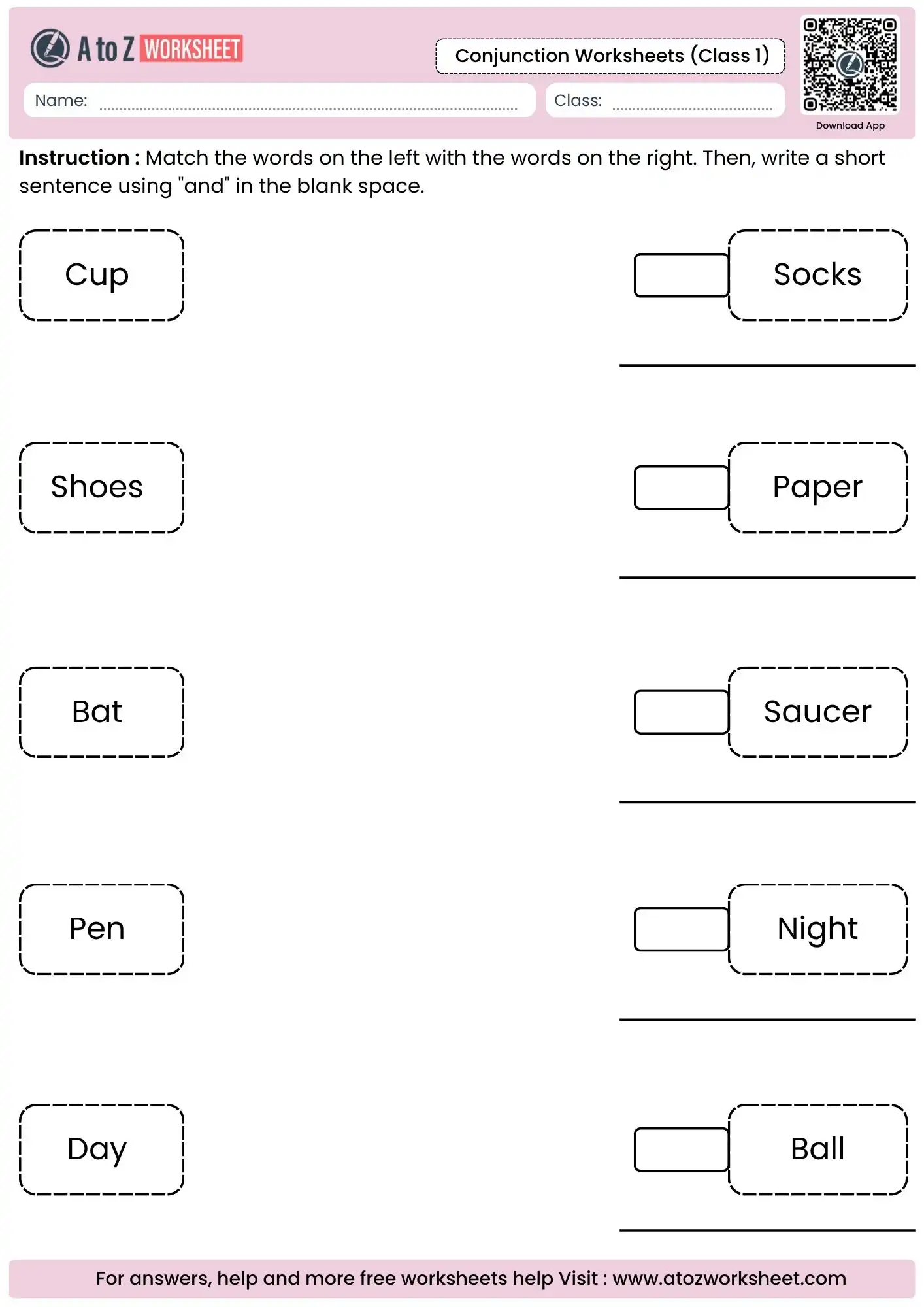 word matching and sentence writing in conjunction worksheets for class 1.