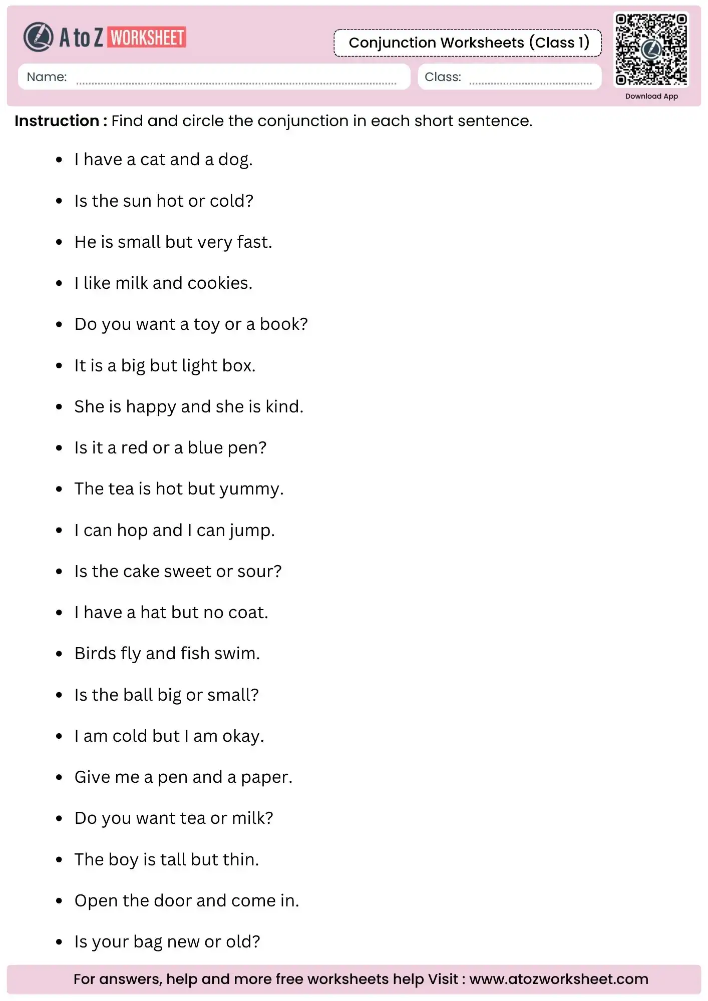 identify and circle the conjunction task in conjunction worksheets for class 1.