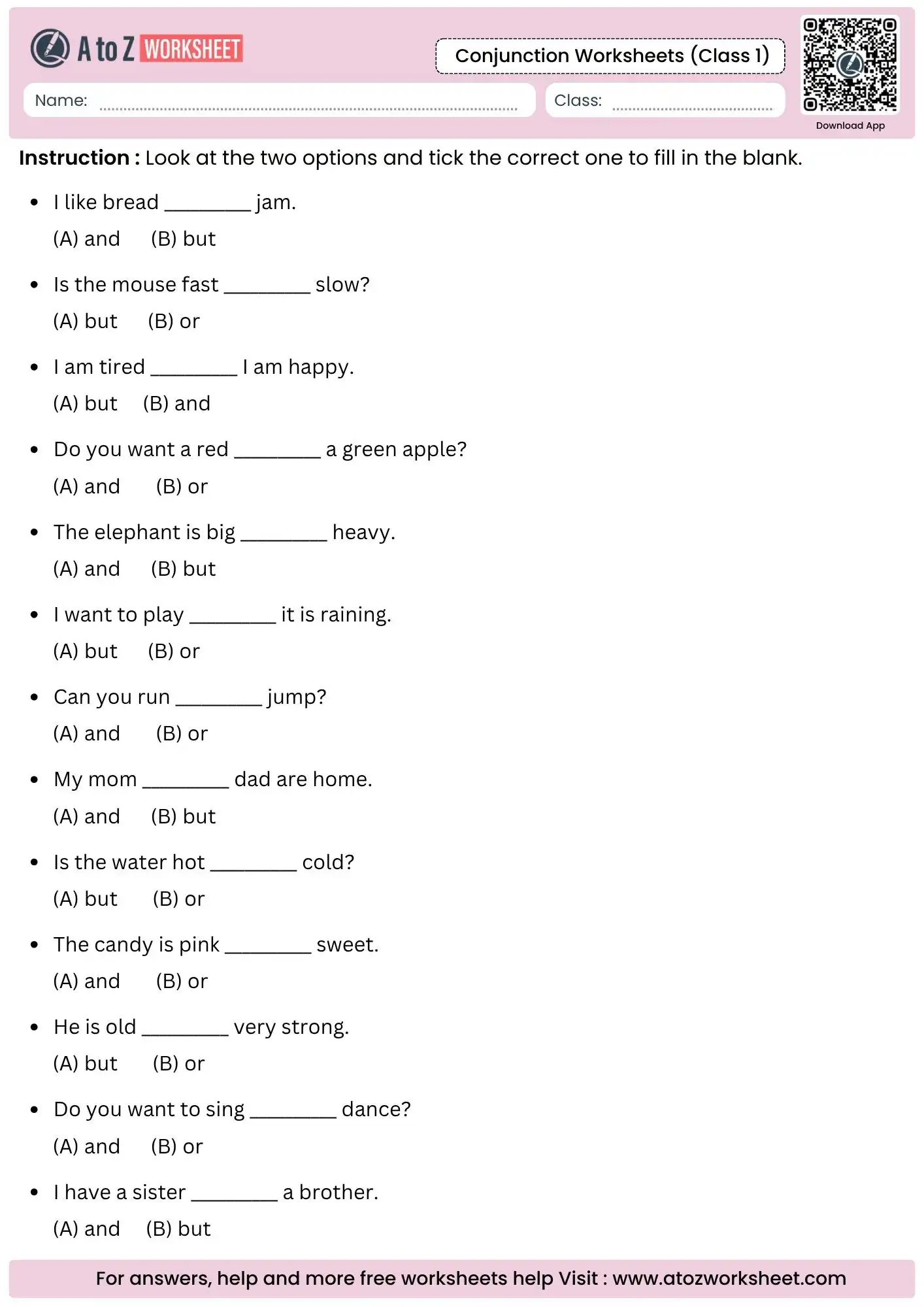 multiple choice tick the correct option in conjunction worksheets for class 1.