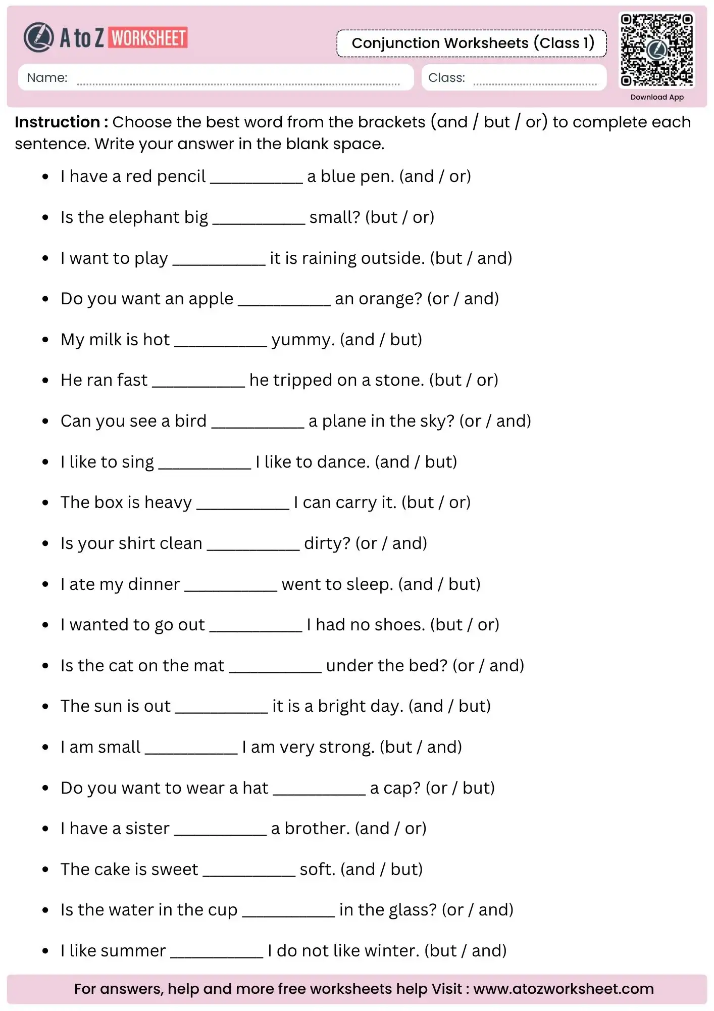 comprehensive fill in the blanks activity in conjunction worksheets for class 1.