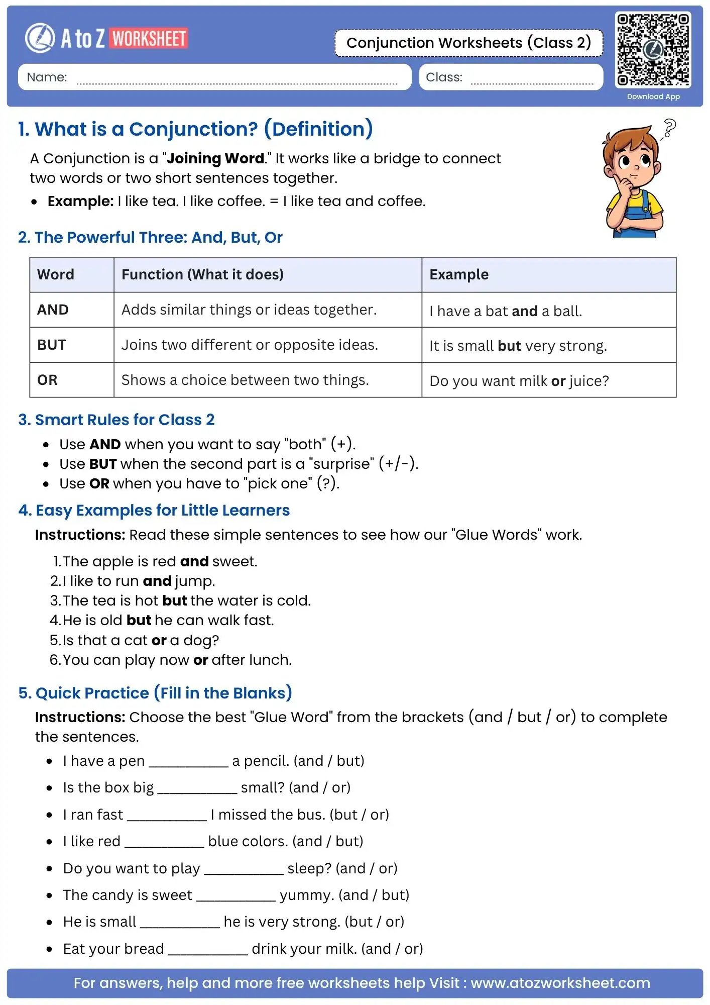 definition and function table for and but or in conjunction worksheets for class 2.
