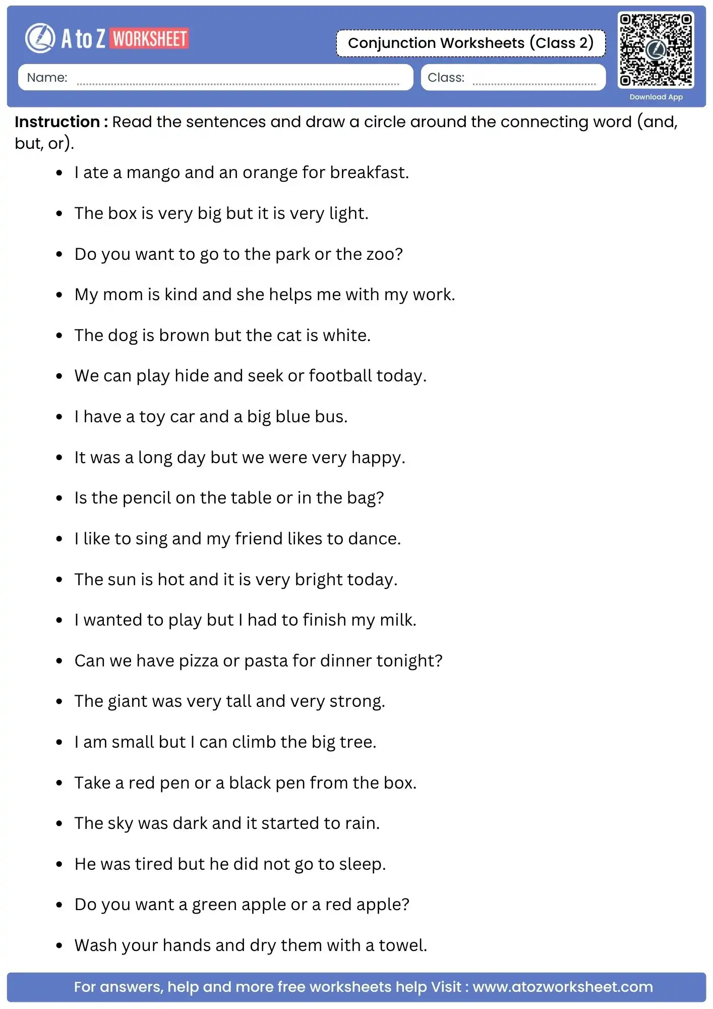 find and circle the joining word activity in conjunction worksheets for class 2.