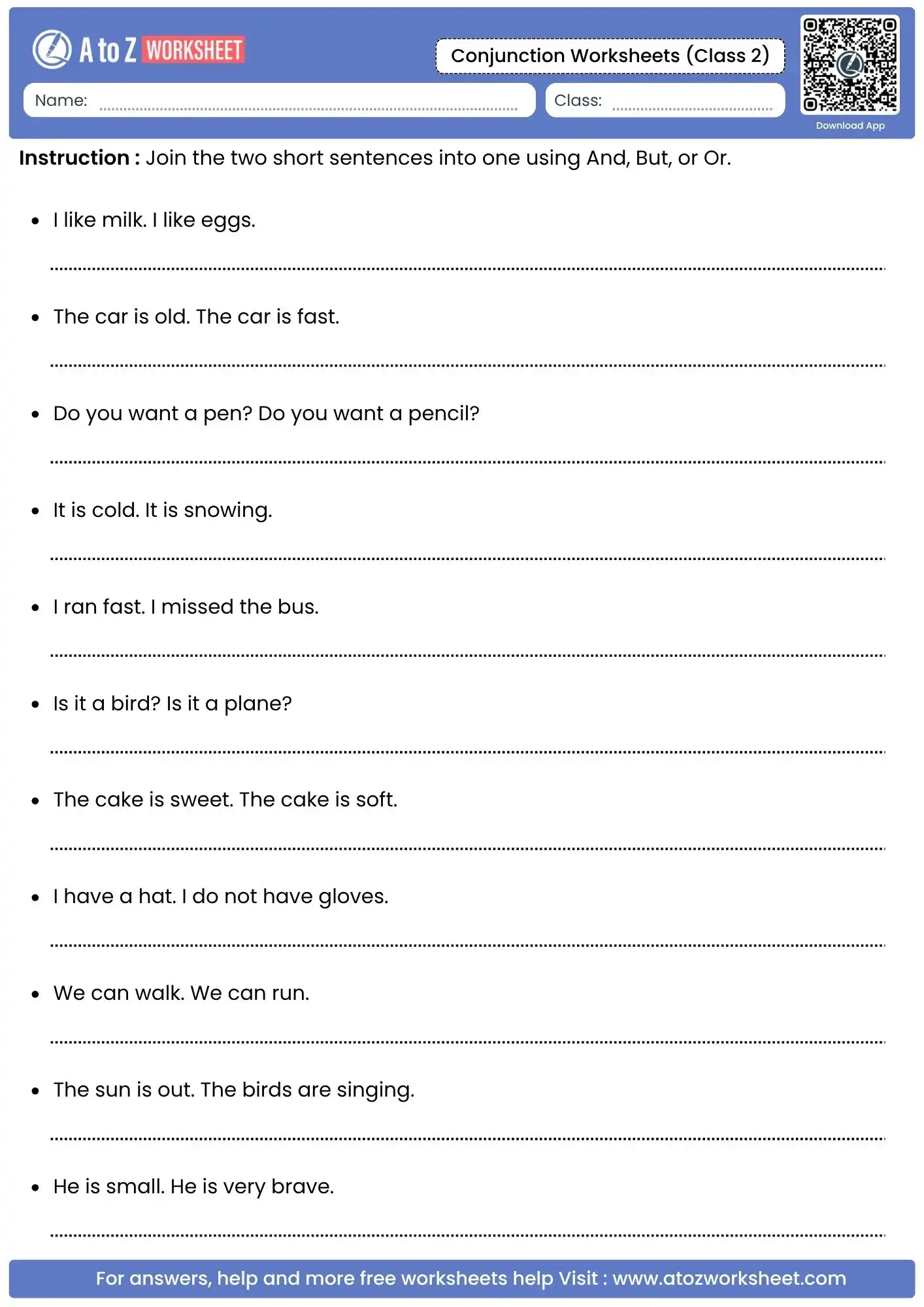 joining two short sentences into one in conjunction worksheets for class 2.