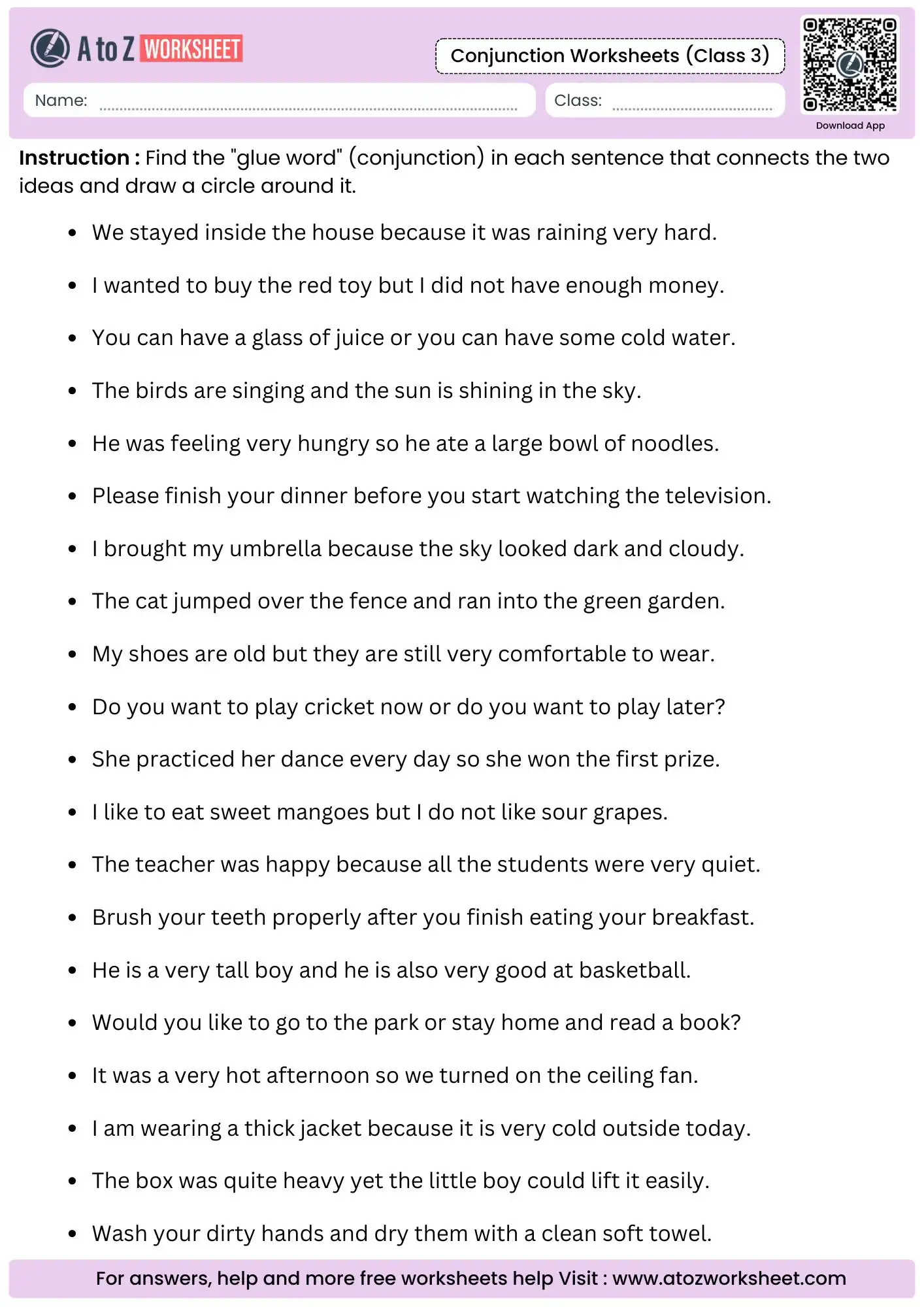 identify and circle the glue word task in conjunction worksheets for class 3.