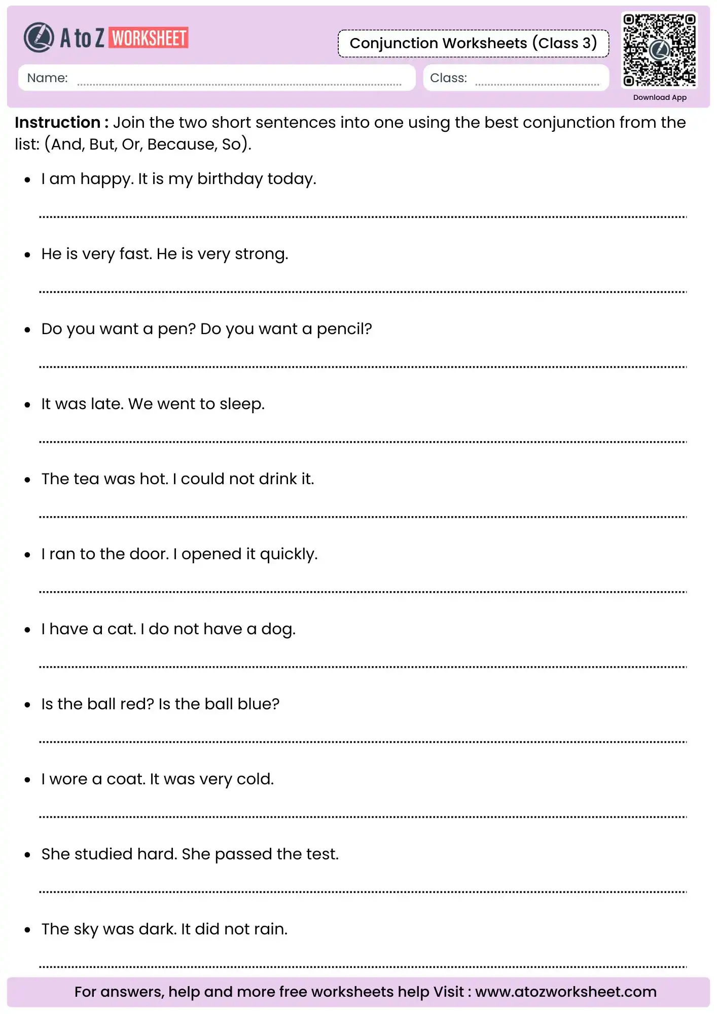 joining two short sentences into one in conjunction worksheets for class 3.