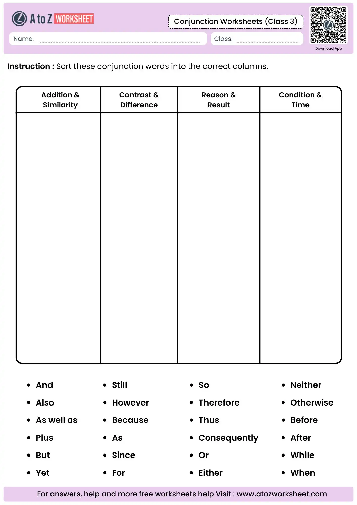 sorting table for 24 conjunctions by function in conjunction worksheets for class 3.