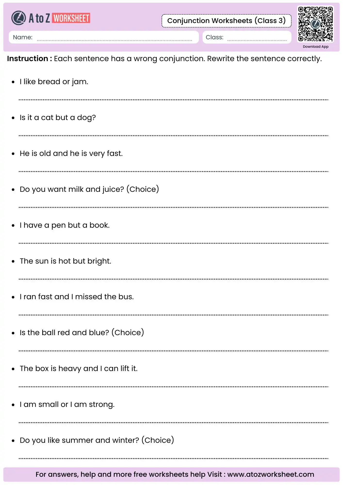 identify and fix the wrong conjunction in grammar worksheets for class 3.
