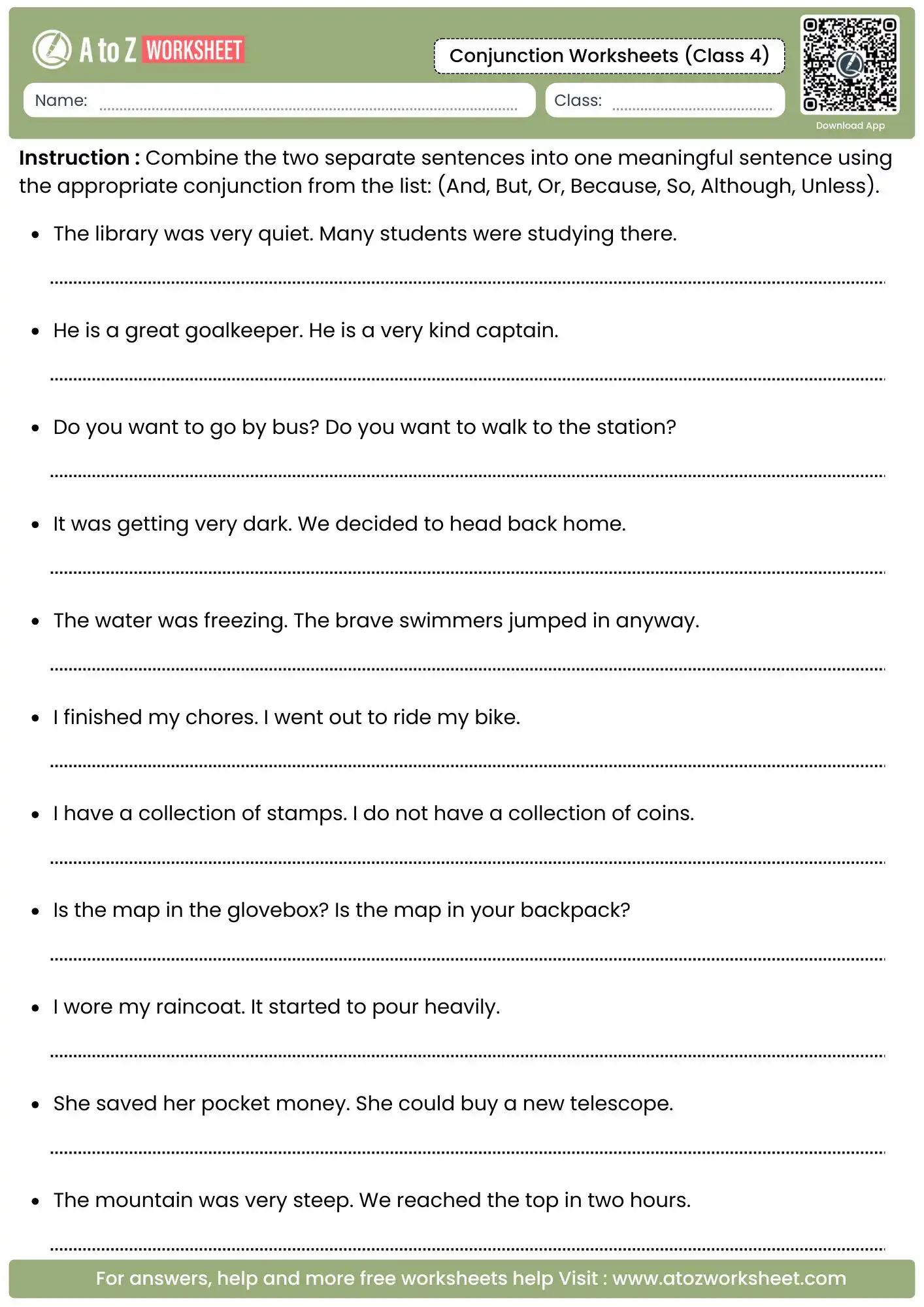 combine separate sentences into one meaningful sentence in conjunction worksheets for class 4.
